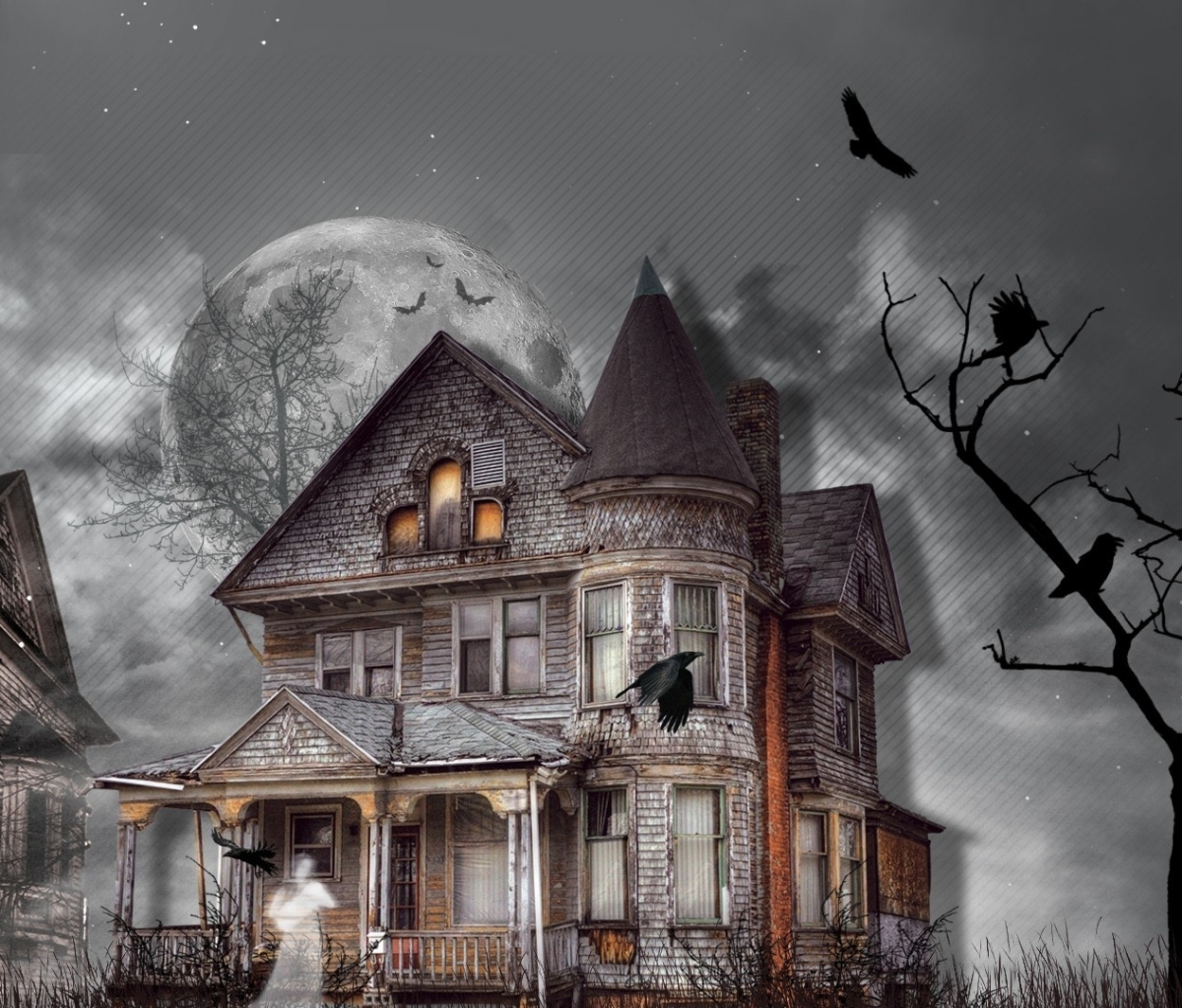 Download mobile wallpaper Halloween, Dark, Tree, Holiday, Raven, Ghost, Haunted House for free.