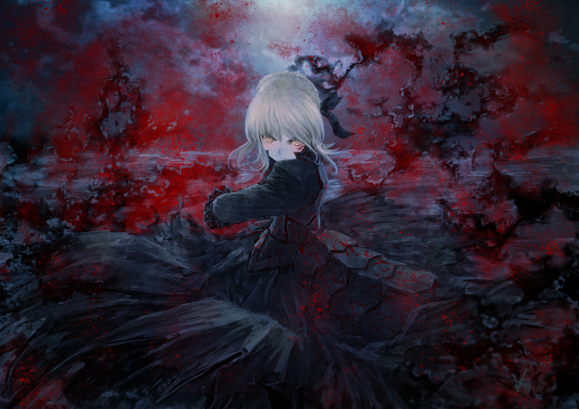 fate/stay night, fate series, saber (fate series), saber alter, anime, angry, black dress, dress, fate (series), ribbon, white hair, yellow eyes