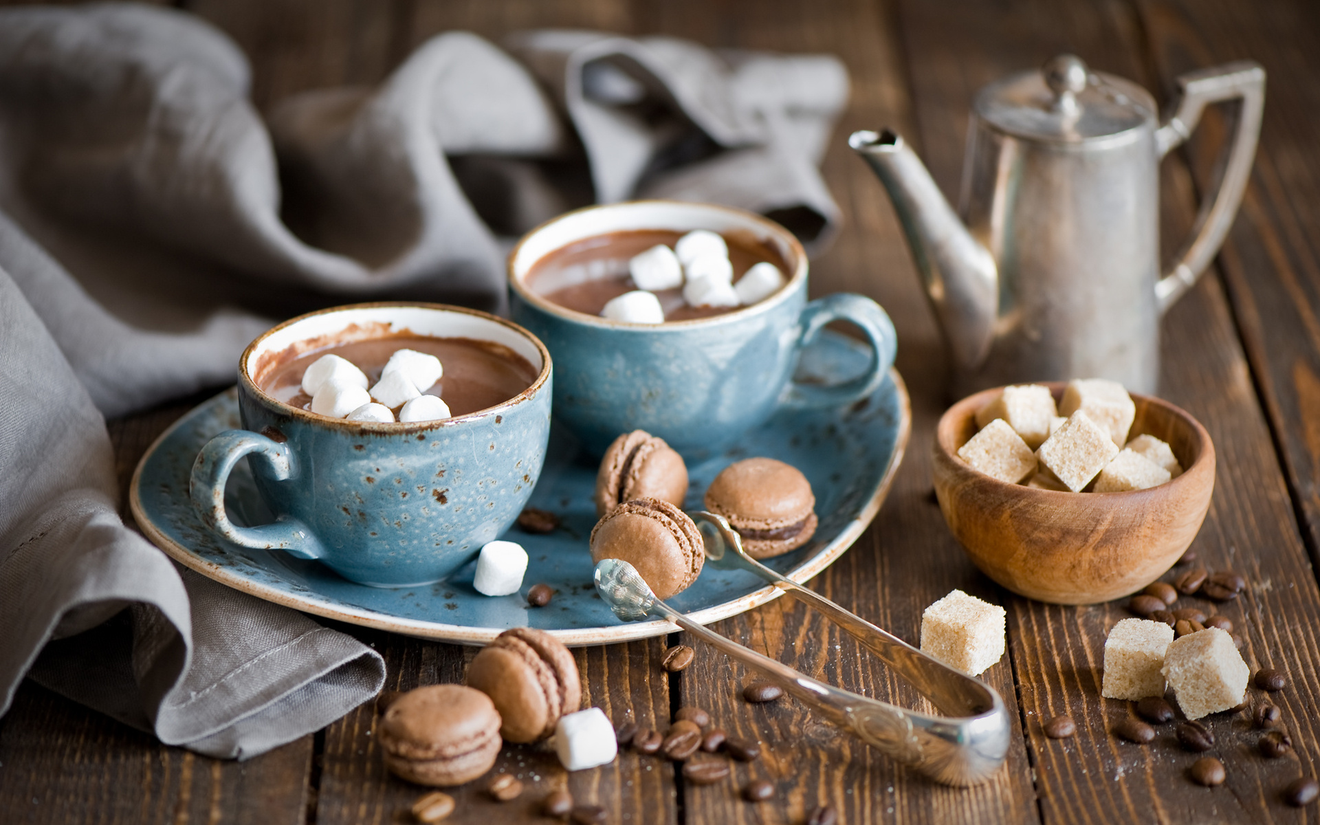 chocolate, macaroni, still life, hot chocolate, coffee beans, food, marshmallow, mug, teapot Full HD