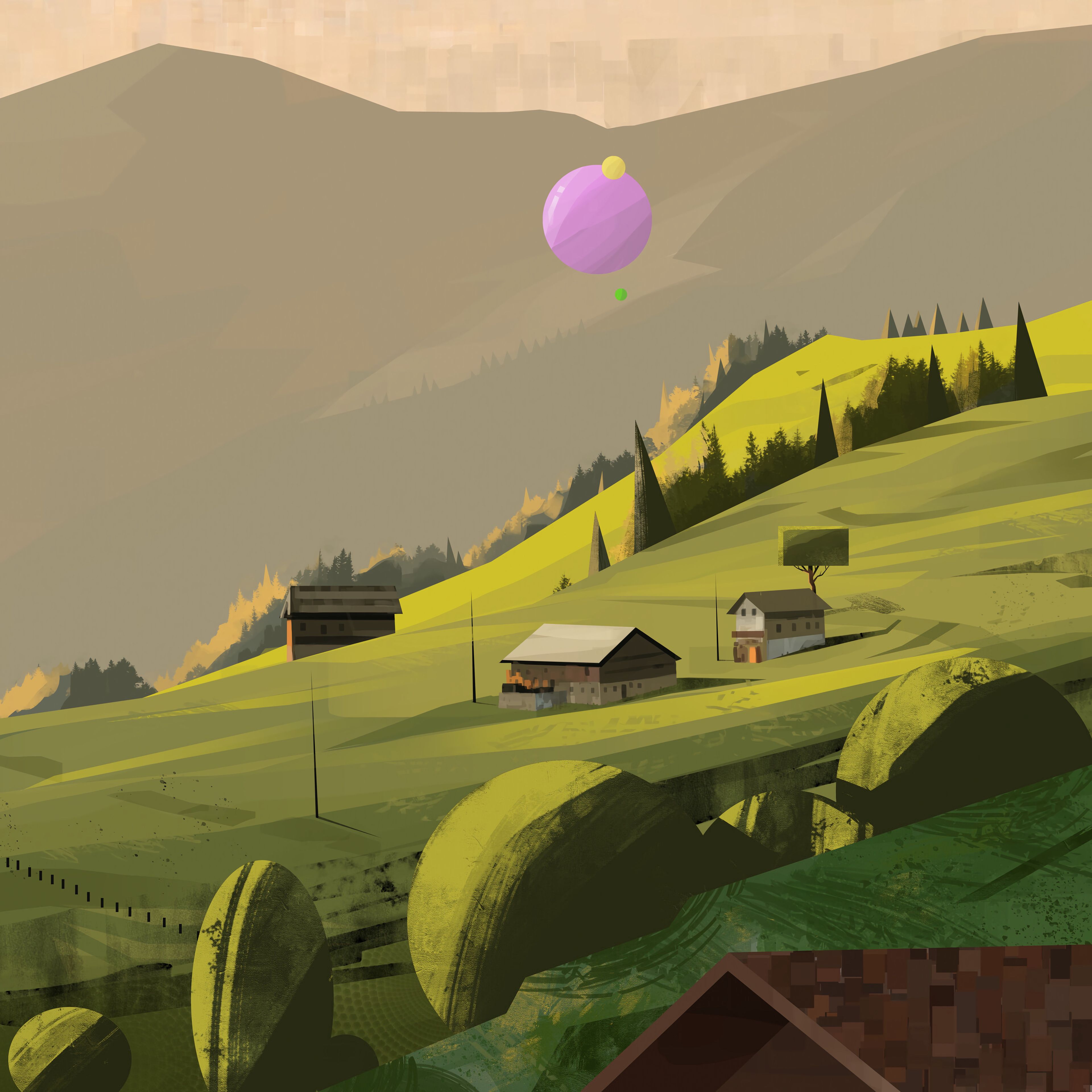 1920x1080 Background art, houses, trees, mountains, village, slope