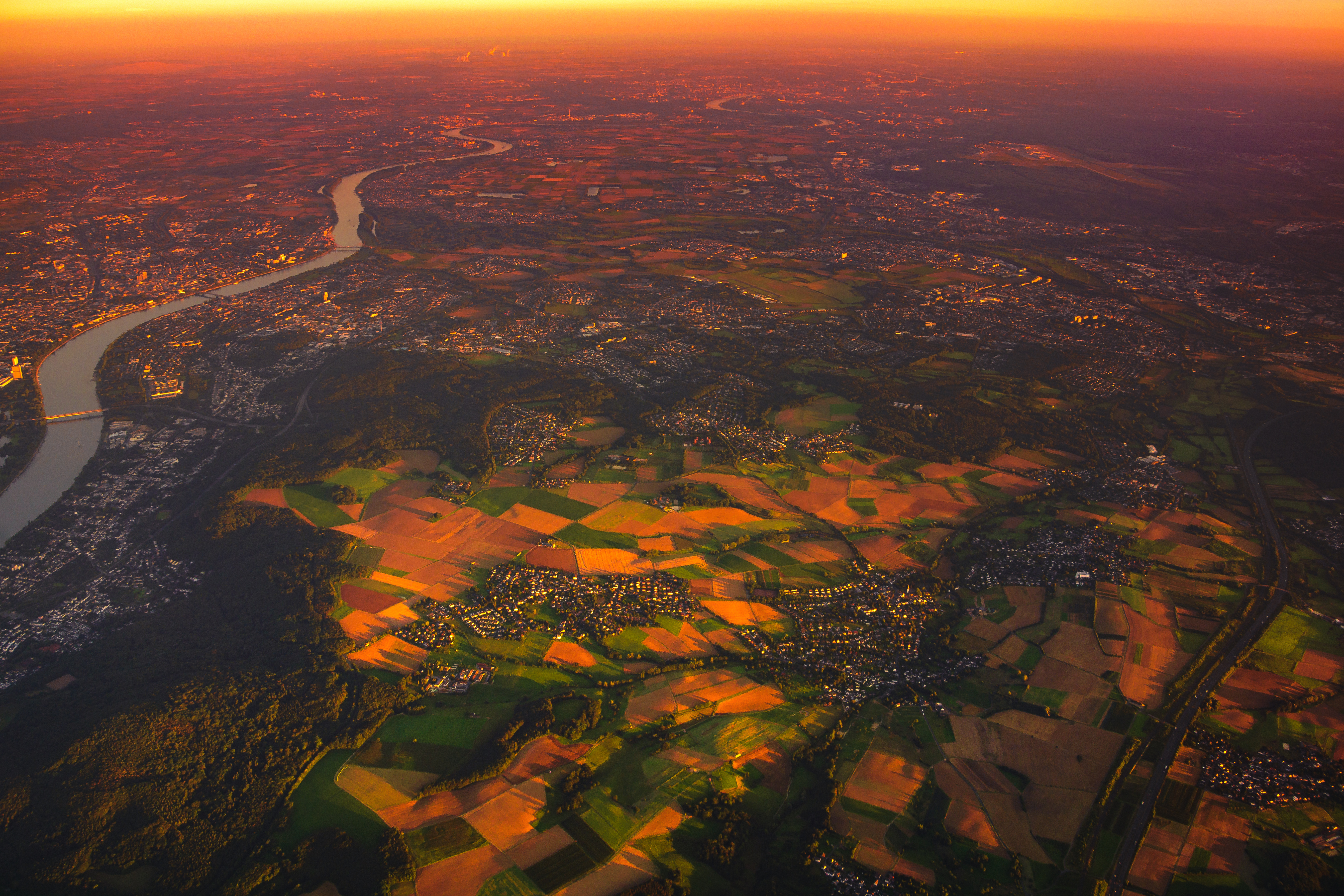 Download mobile wallpaper Dawn, Cities, View From Above, Sunset, Landscape, Village for free.