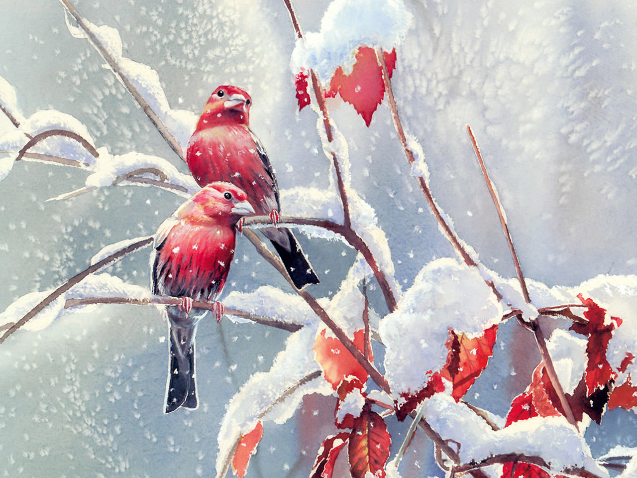 Скачать картинку Животные, Снег, Зима, Птицы, Рисунки в телефон бесплатно.