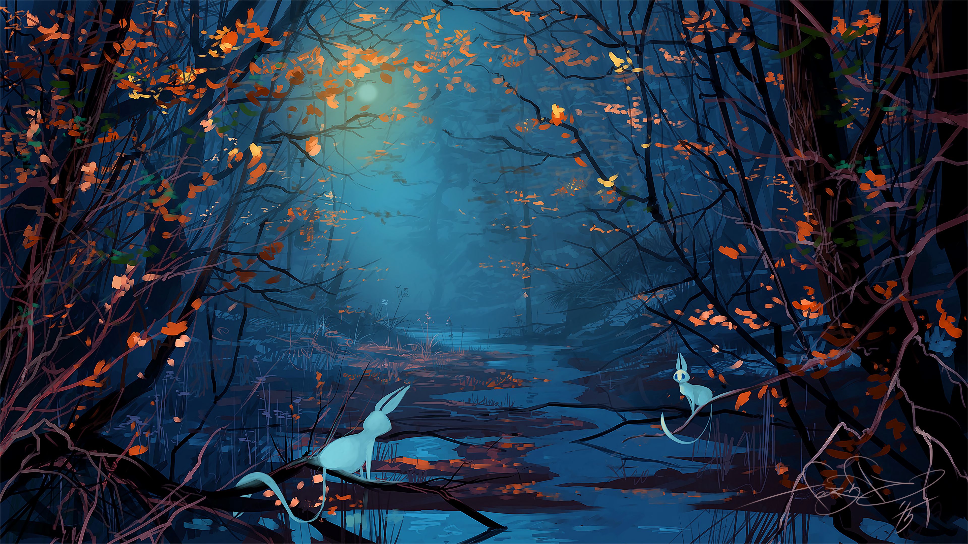 art, silhouette, beasts, rivers, forest for android