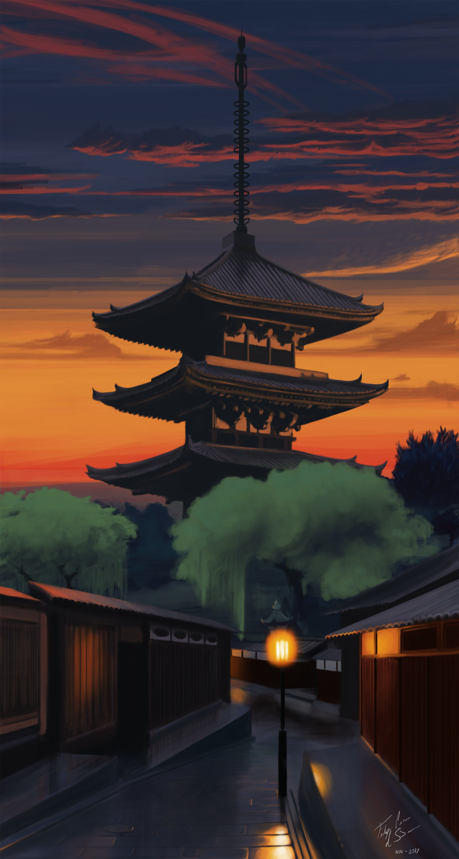 Download mobile wallpaper Building, Dusk, Pagoda, Art, Twilight, Temple for free.