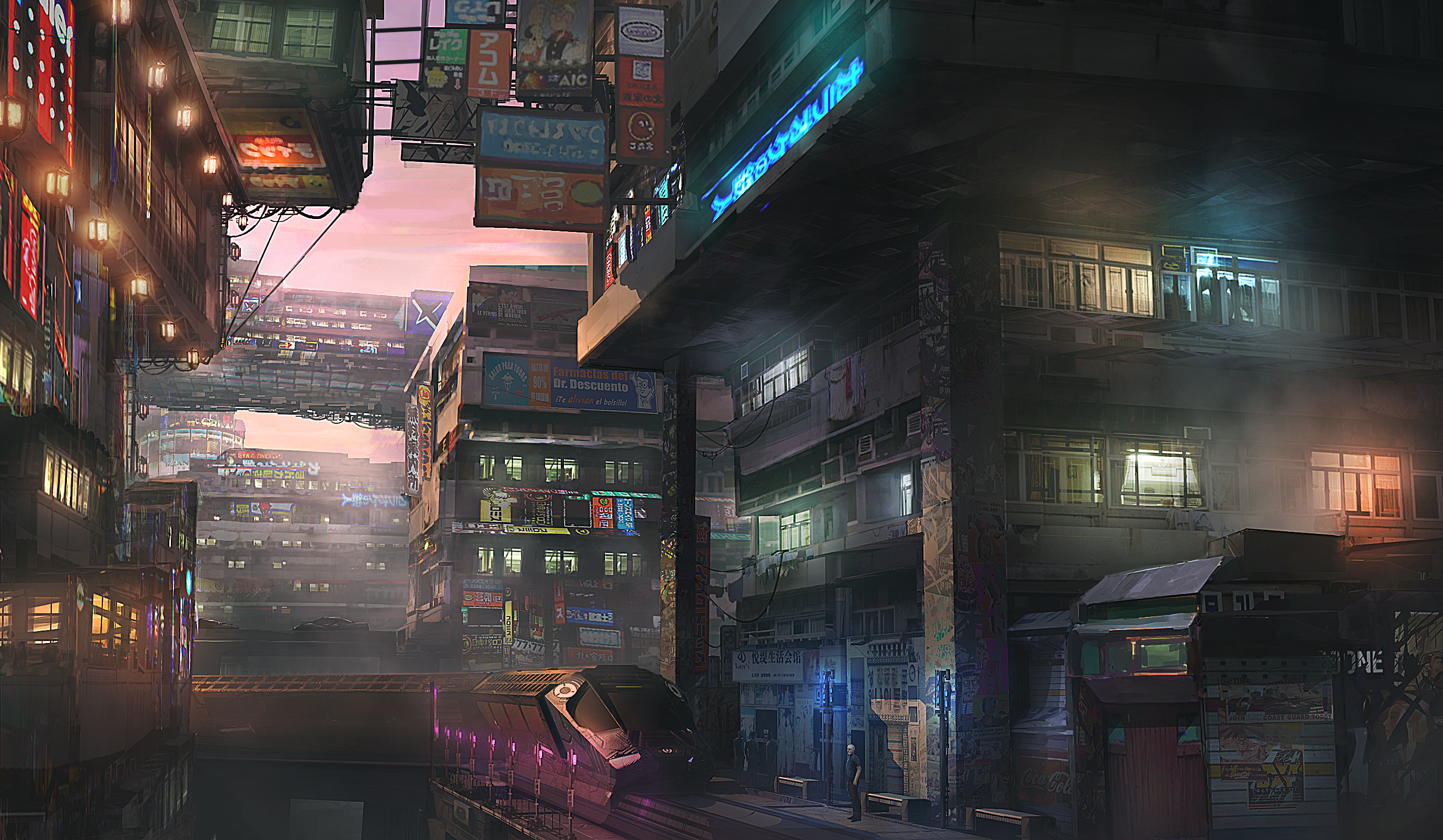 cyberpunk, building, futuristic, sci fi, city, train HD wallpaper