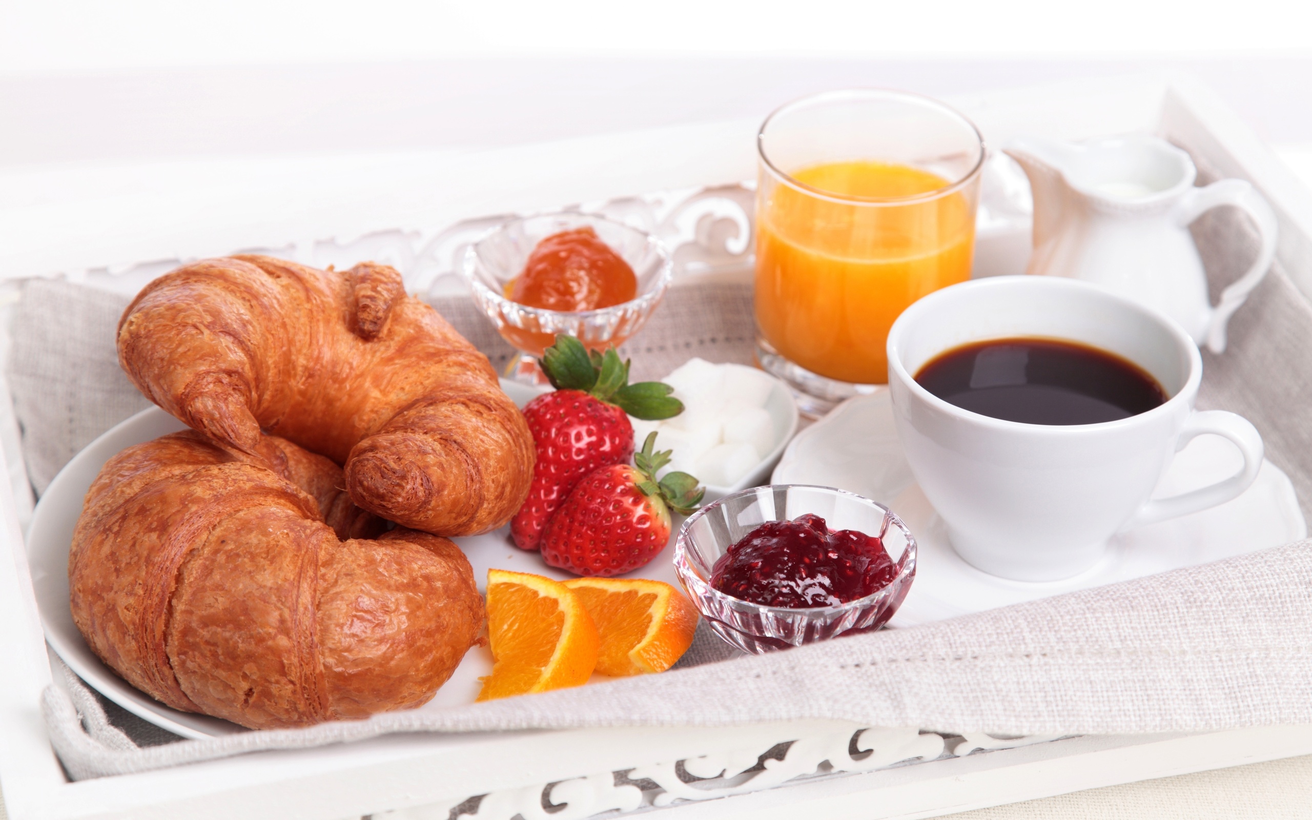 still life, strawberry, food, breakfast, coffee, croissant, cup, jam, juice