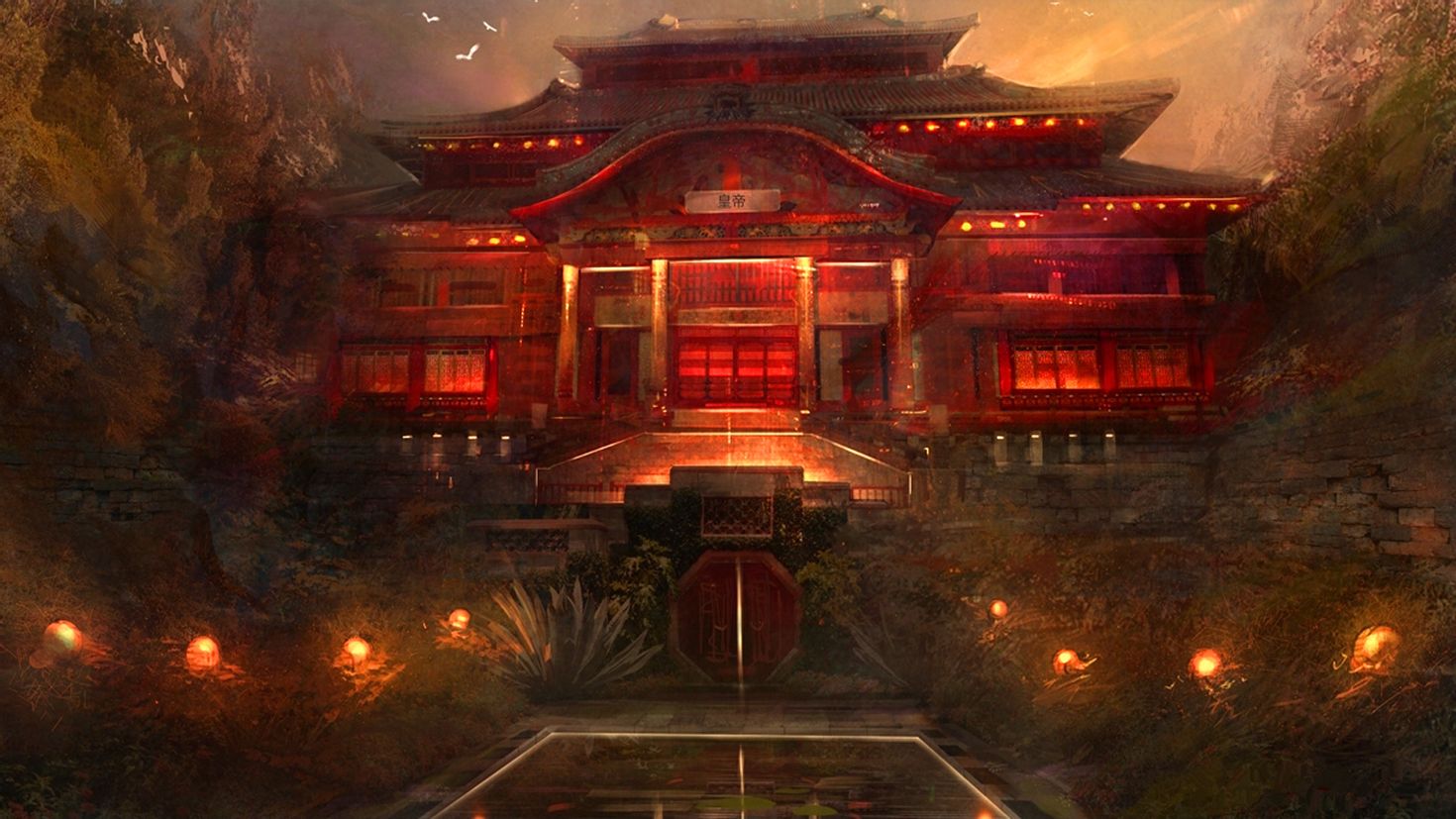 Oriental night. Concept Art environment храм Япония. Древний Китай арт Императорский дворец. Императорский дворец фэнтези Япония. Храм Хакурей изнутри.