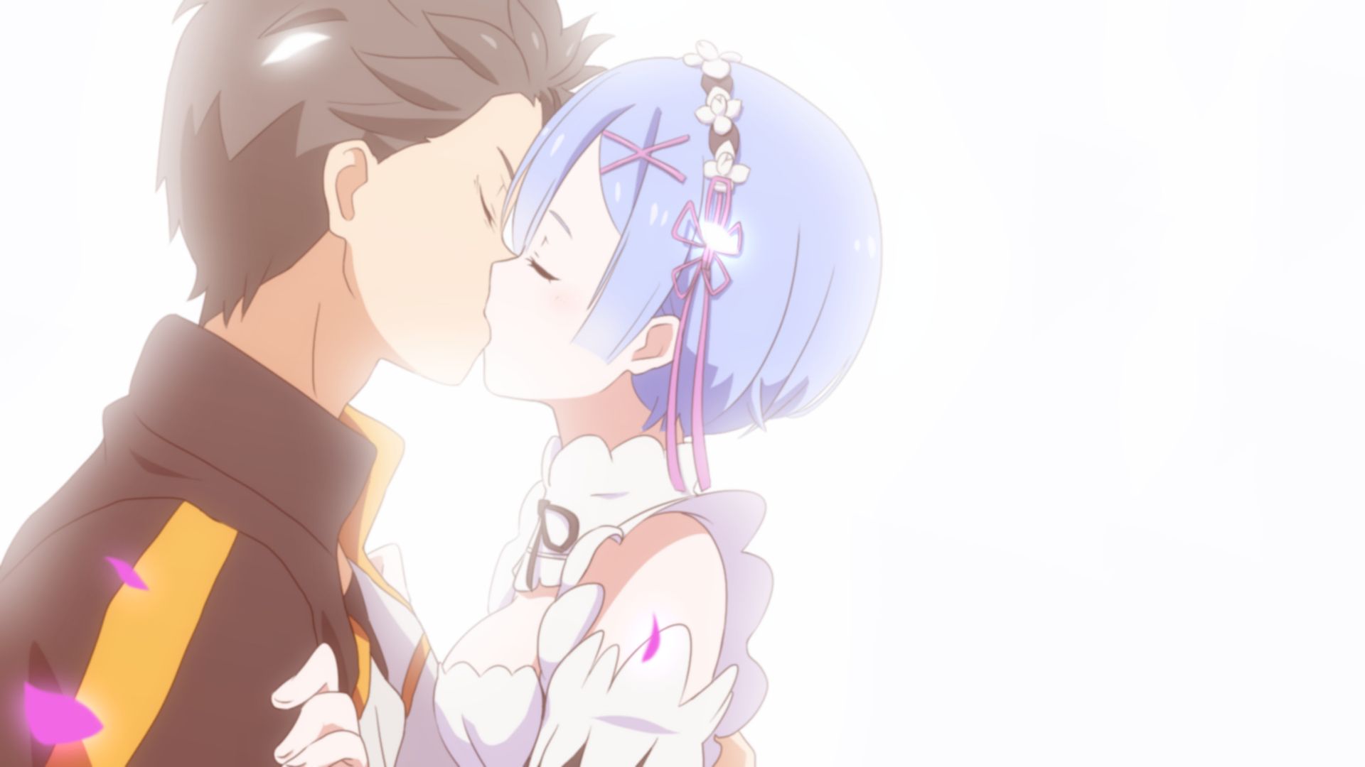 kiss, anime, re:zero starting life in another world, blue hair, rem (re:zero), short hair, subaru natsuki
