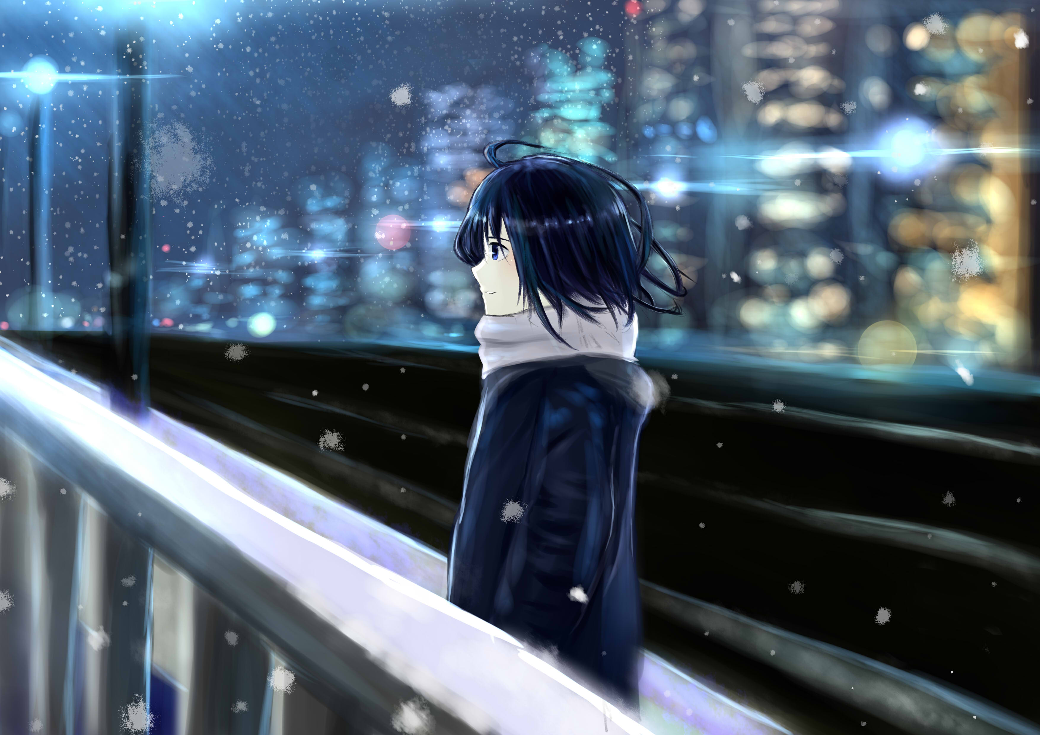 anime, original, city, cold, light, night, scarf, snow lock screen backgrounds