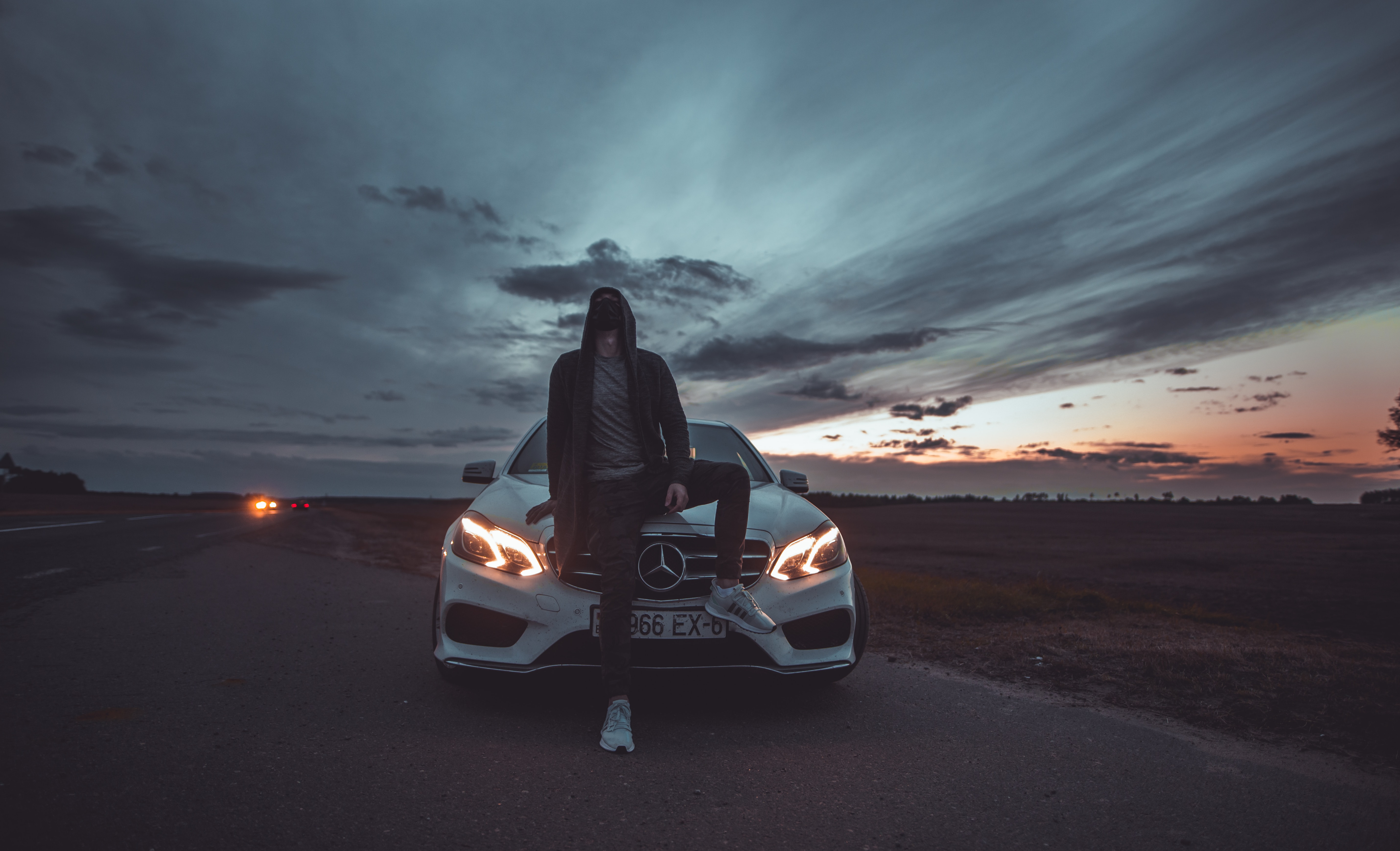Download mobile wallpaper Mercedes, Human, Cars, Mask, Hood, Car, Person for free.