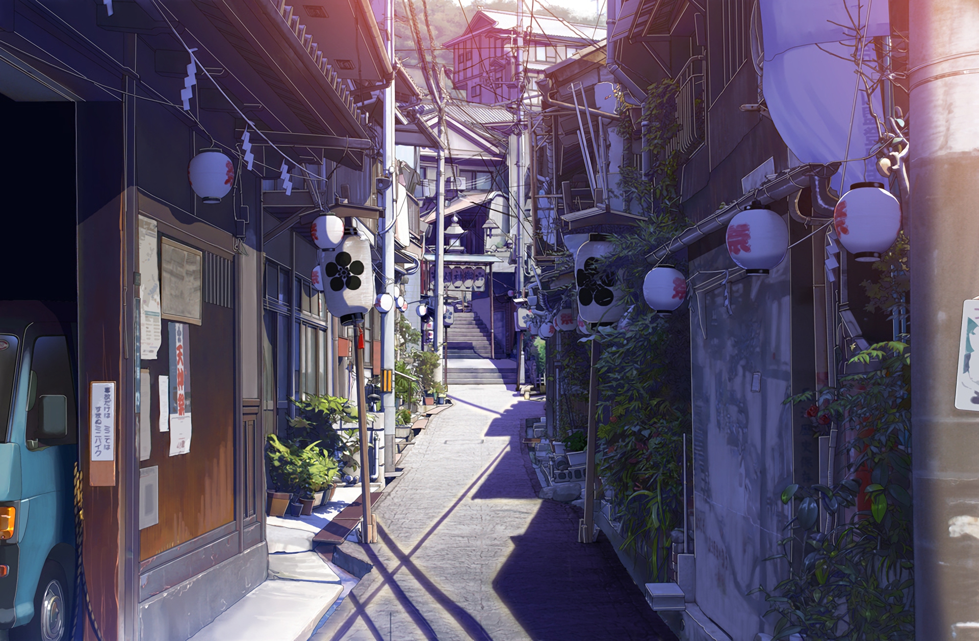 anime, original, alley, house, lantern, oriental, power line, town download HD wallpaper