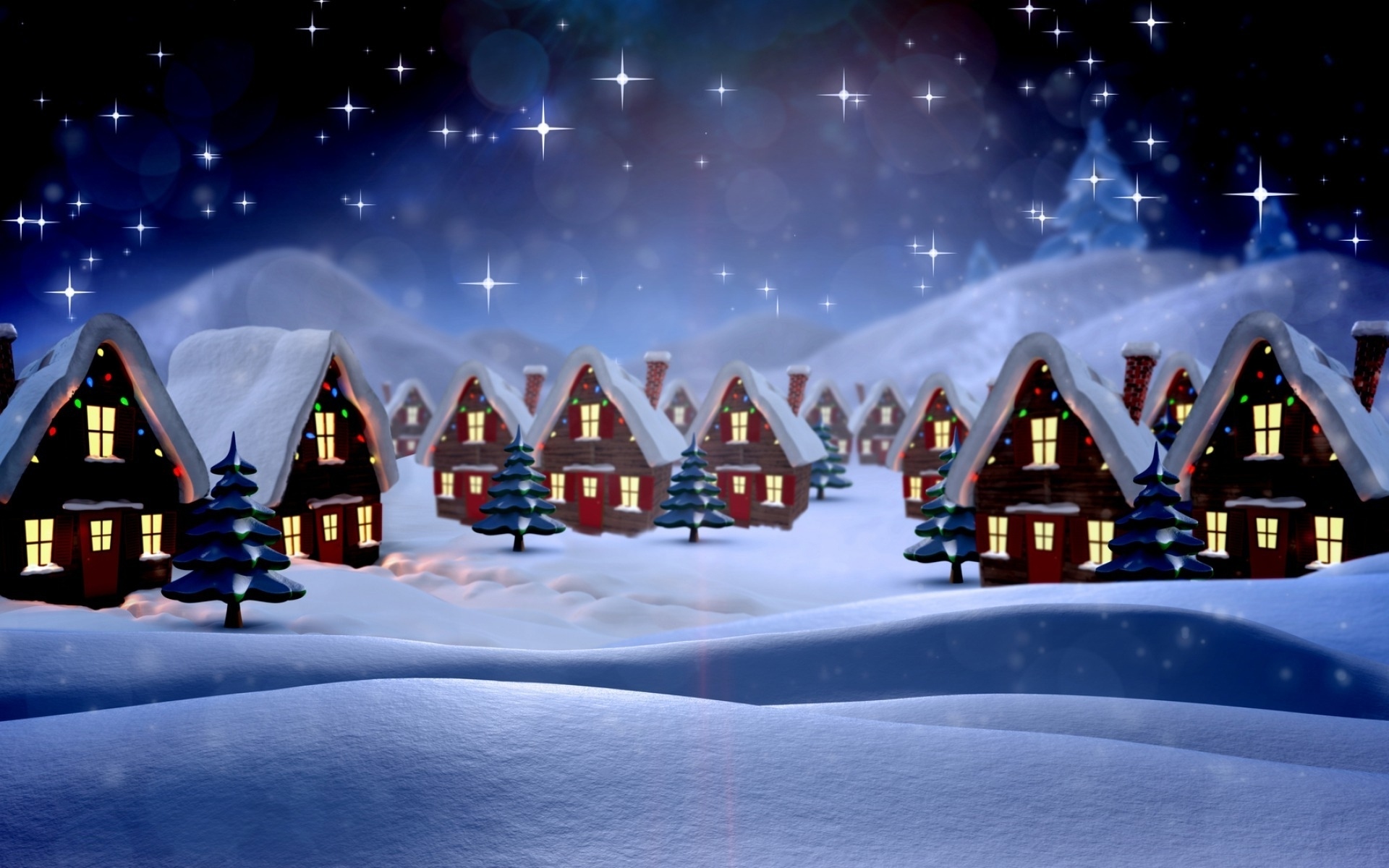 874001 Hintergrundbild herunterladen weihnachten, feiertage, kalt, haus, lichter, nacht, schnee, sterne, stadt, winter - Bildschirmschoner und Bilder kostenlos