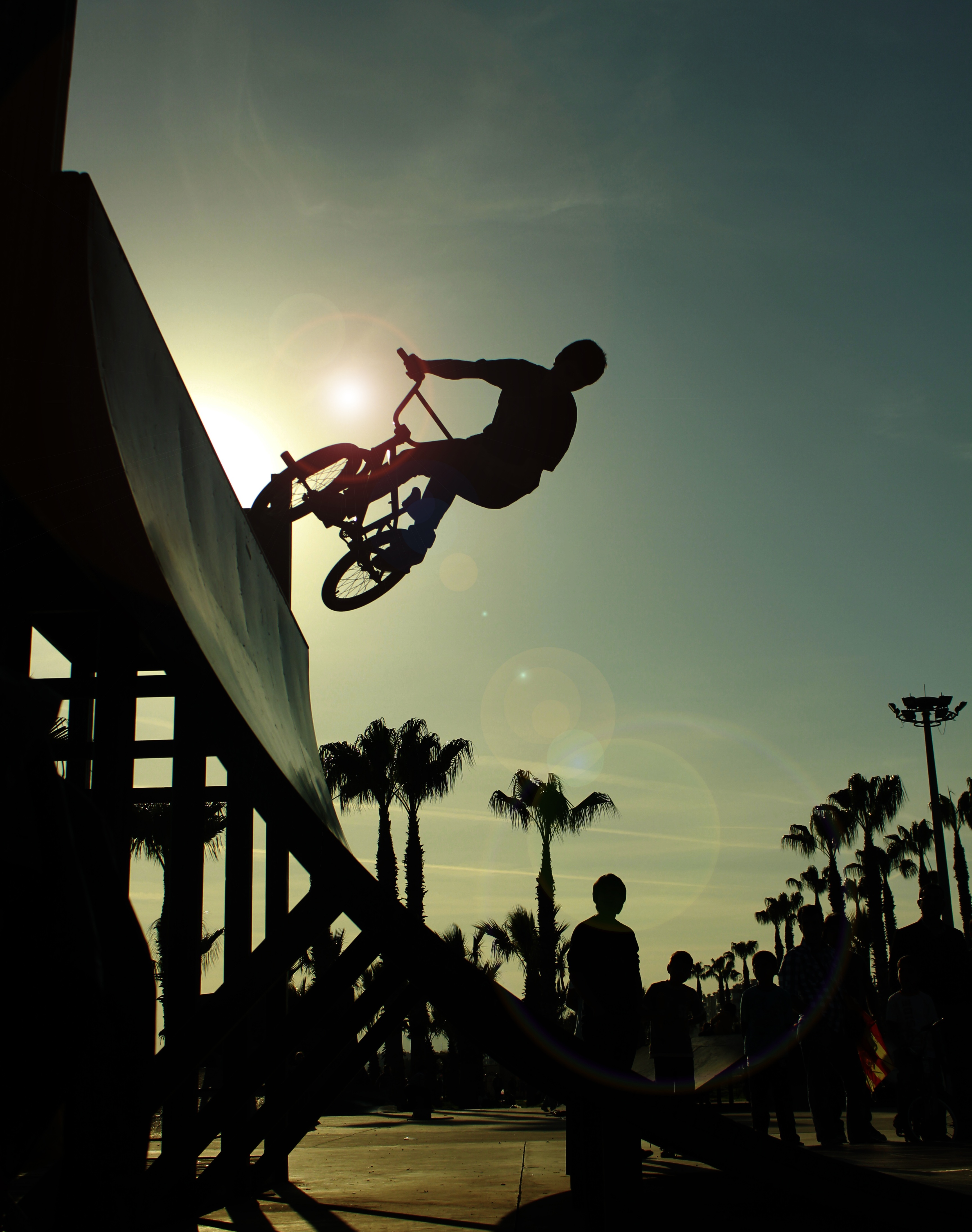 sports, silhouette, bounce, jump, bicycle, trick, bmx, ramp, footlights