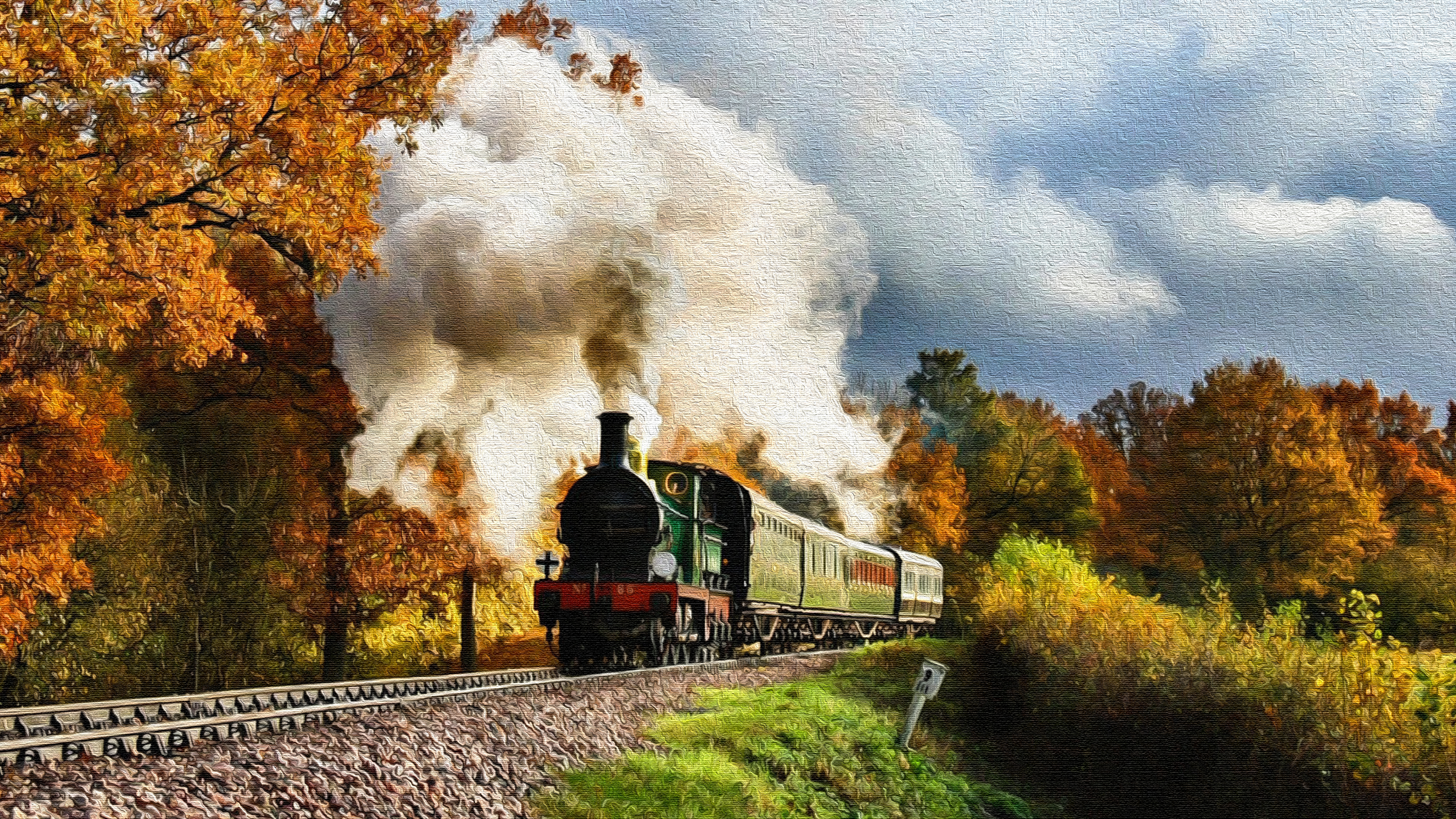 vehicles, steam train, fall QHD