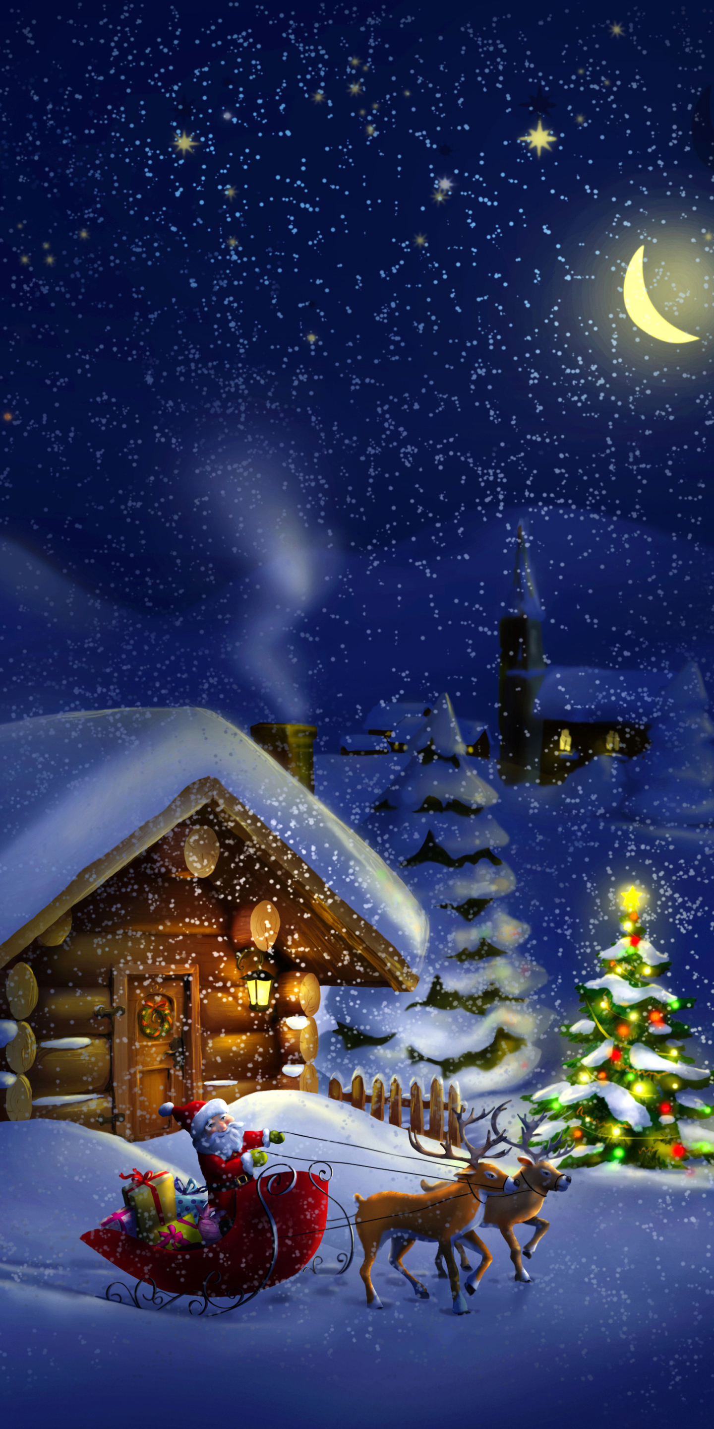 Download mobile wallpaper Night, Snow, Christmas, Holiday, Sleigh, Santa, Snowfall, Cabin, Reindeer for free.