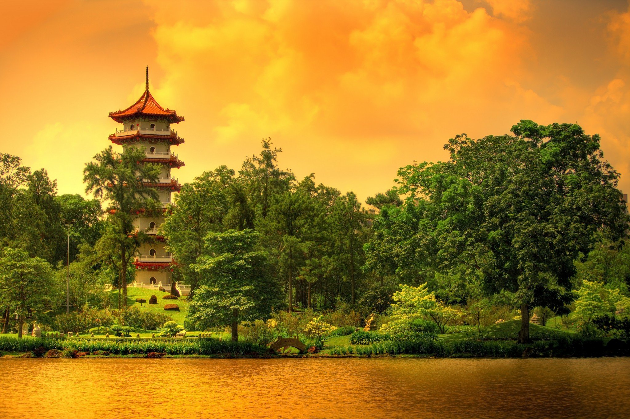 religious, pagoda, cloud, golden, green, lake, orange (color), reflection, sunset, tree
