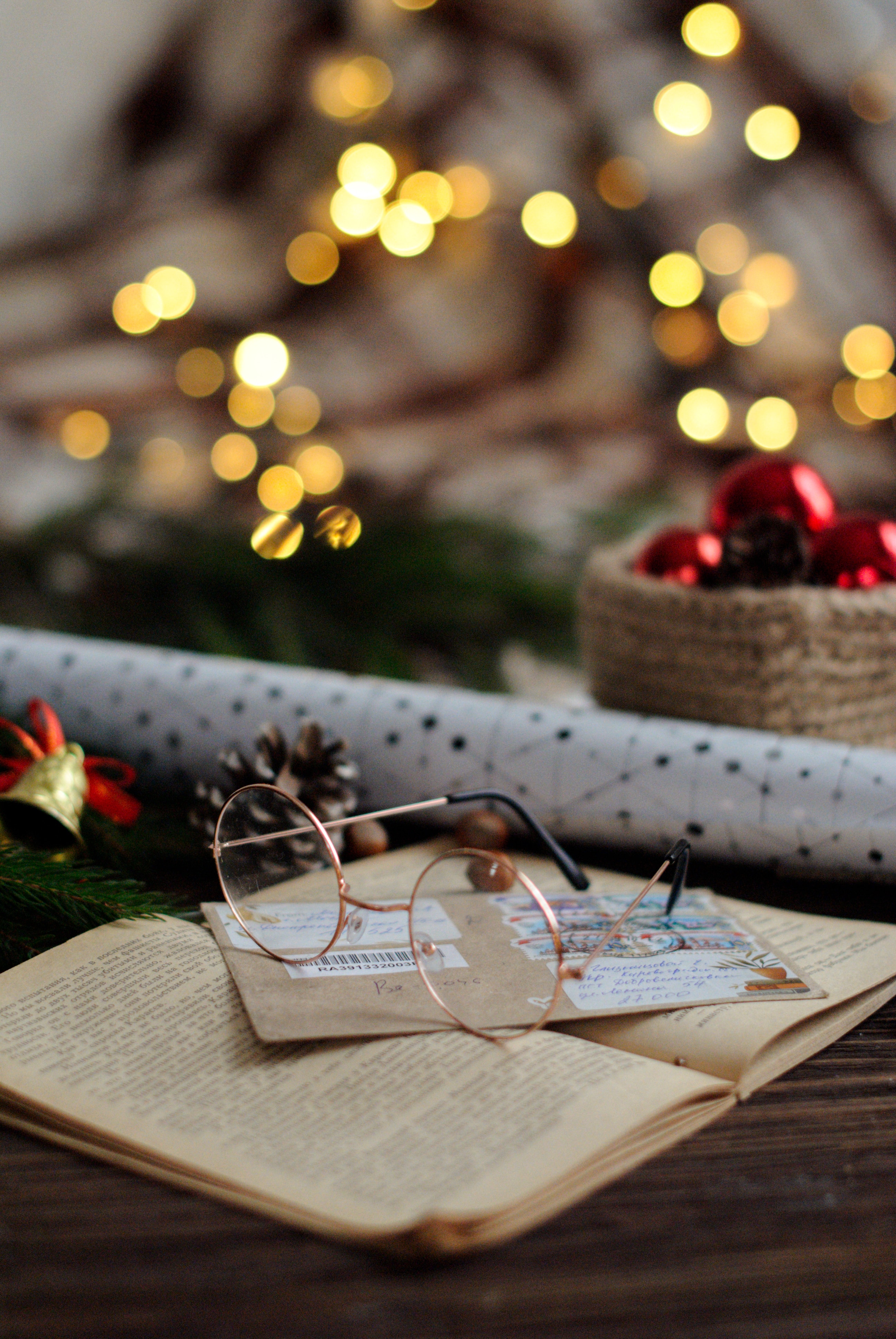 spectacles, holidays, new year, decorations, christmas, book, glasses, envelope 4K
