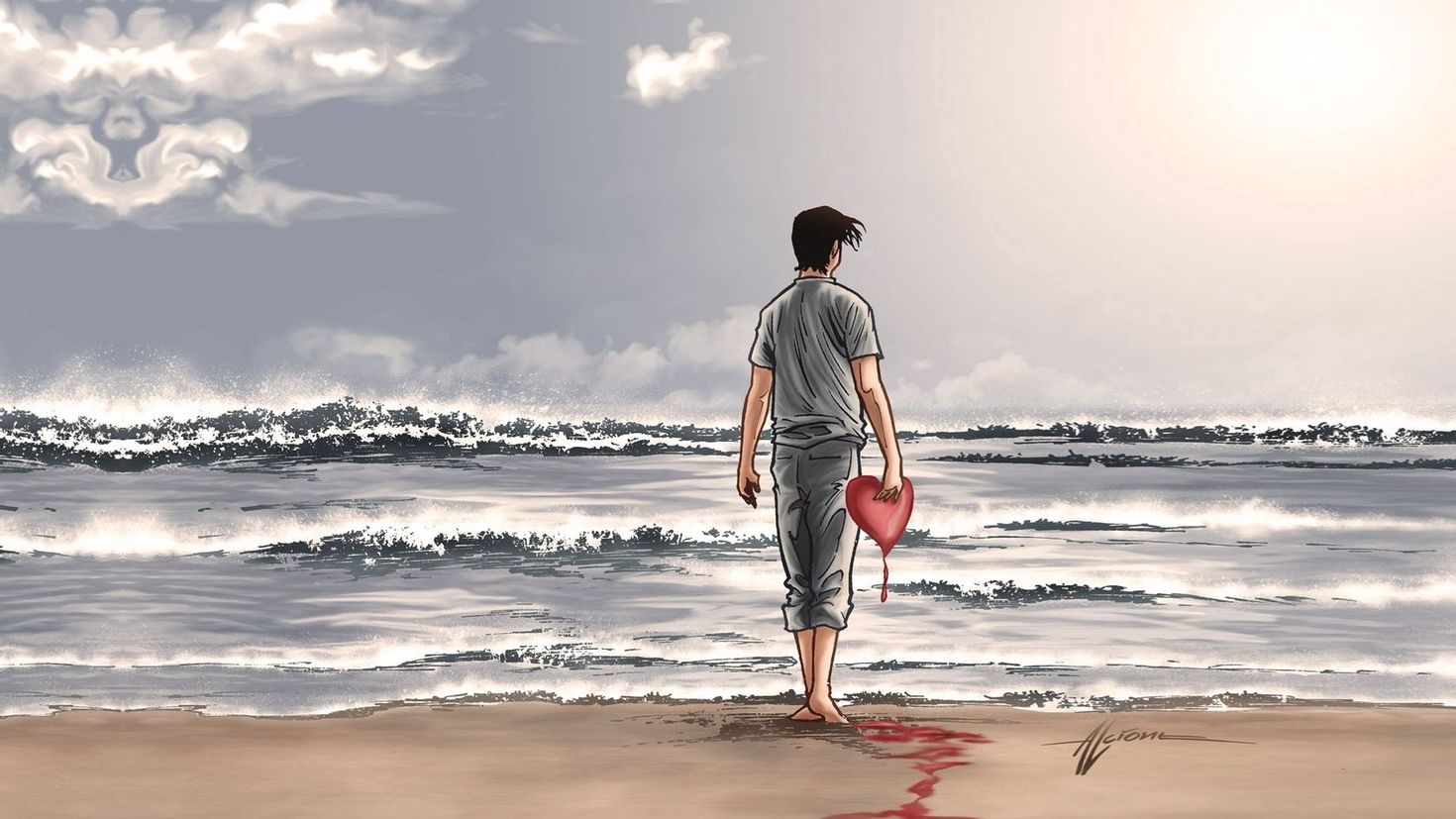Май лов где то там вдалеке. Люди на море. Парень с сердцем. Одинокий человек на берегу моря. Человек с разбитым сердцем.