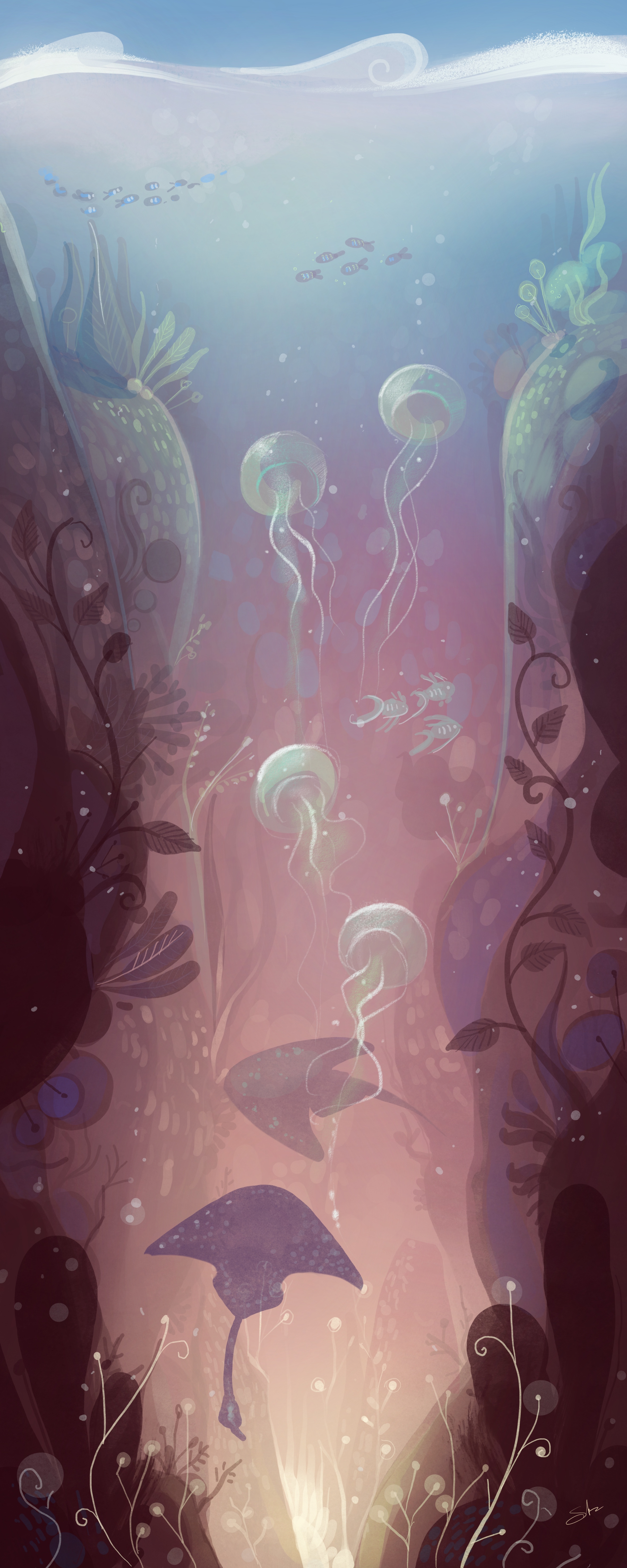 141113 Hintergrundbild herunterladen kunst, jellyfish, ein fisch, fisch, seetang, algen, unter dem wasser, unterwasser - Bildschirmschoner und Bilder kostenlos
