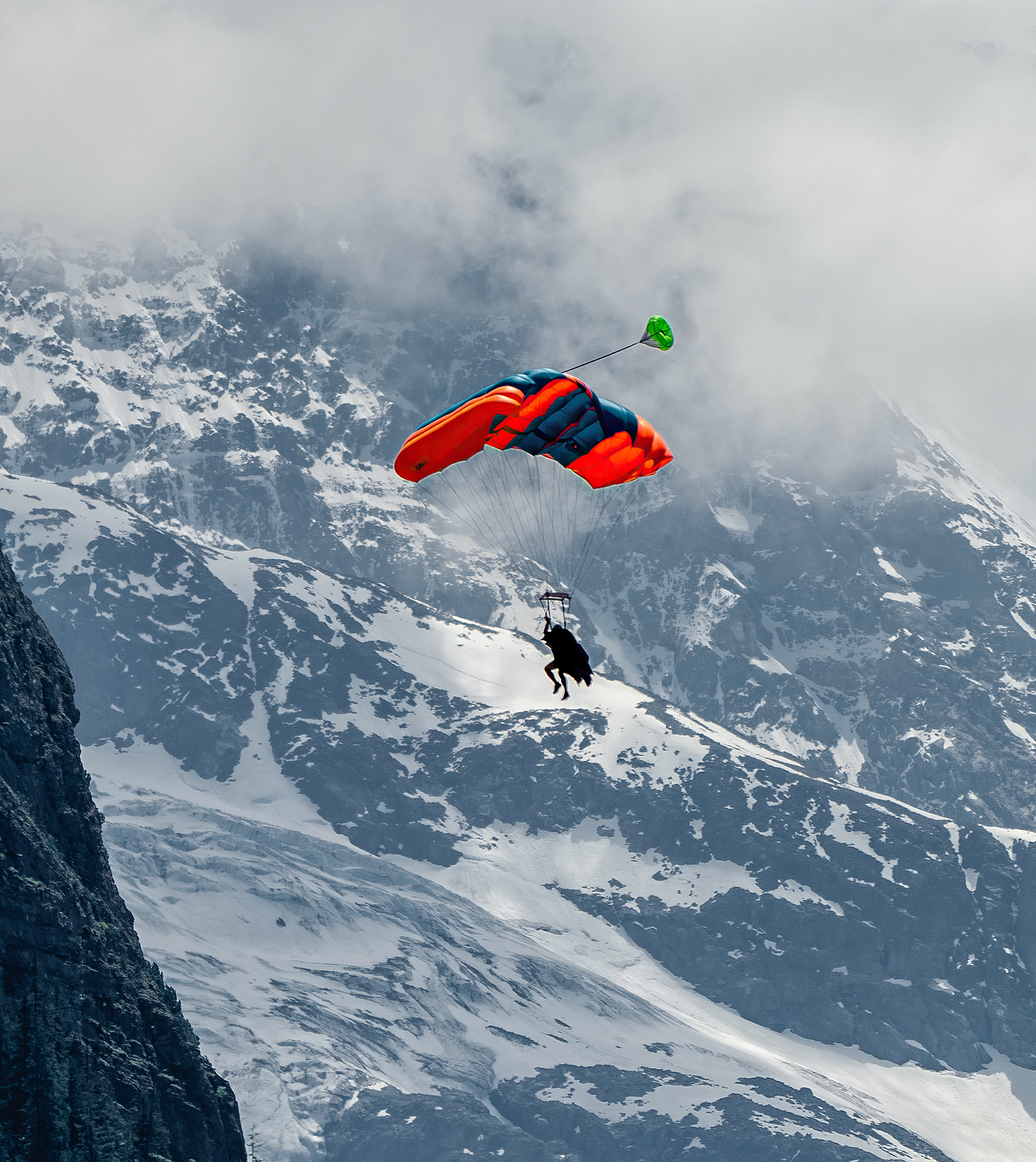parachute, paragliding, sports, mountains, snow, snow covered, snowbound, paraglider