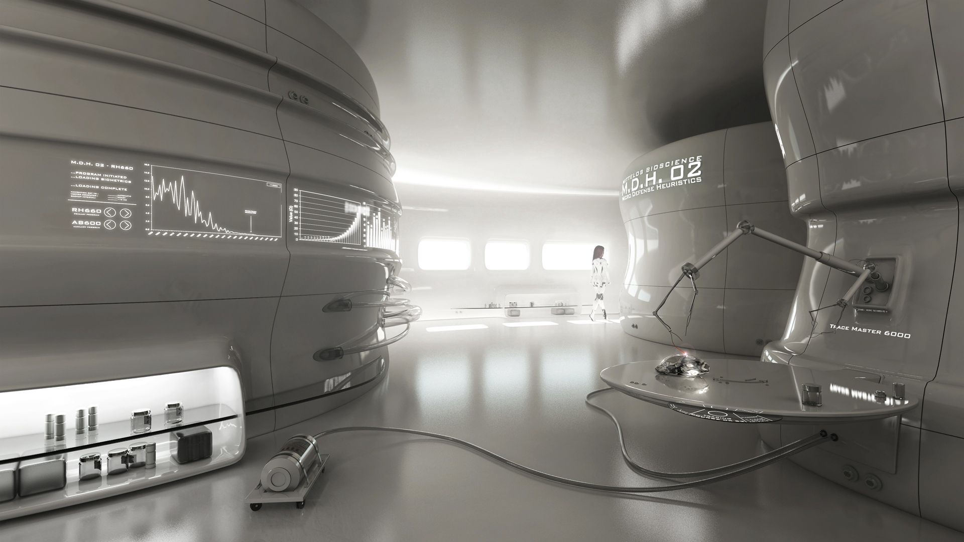 laboratory, 3d, robots, girl, room HD wallpaper