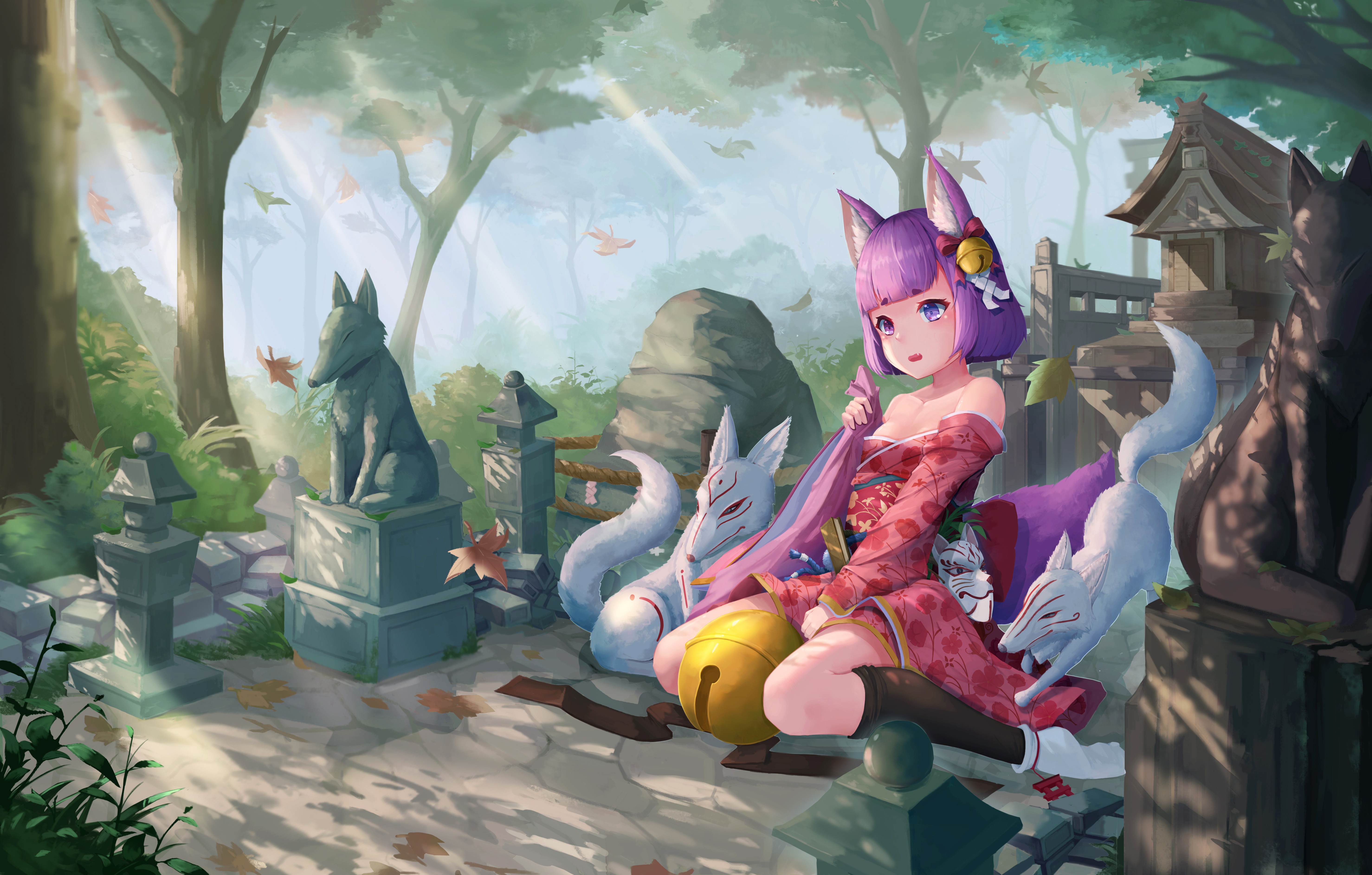 anime, original, bell, cat girl, forest, leaf, purple hair 32K