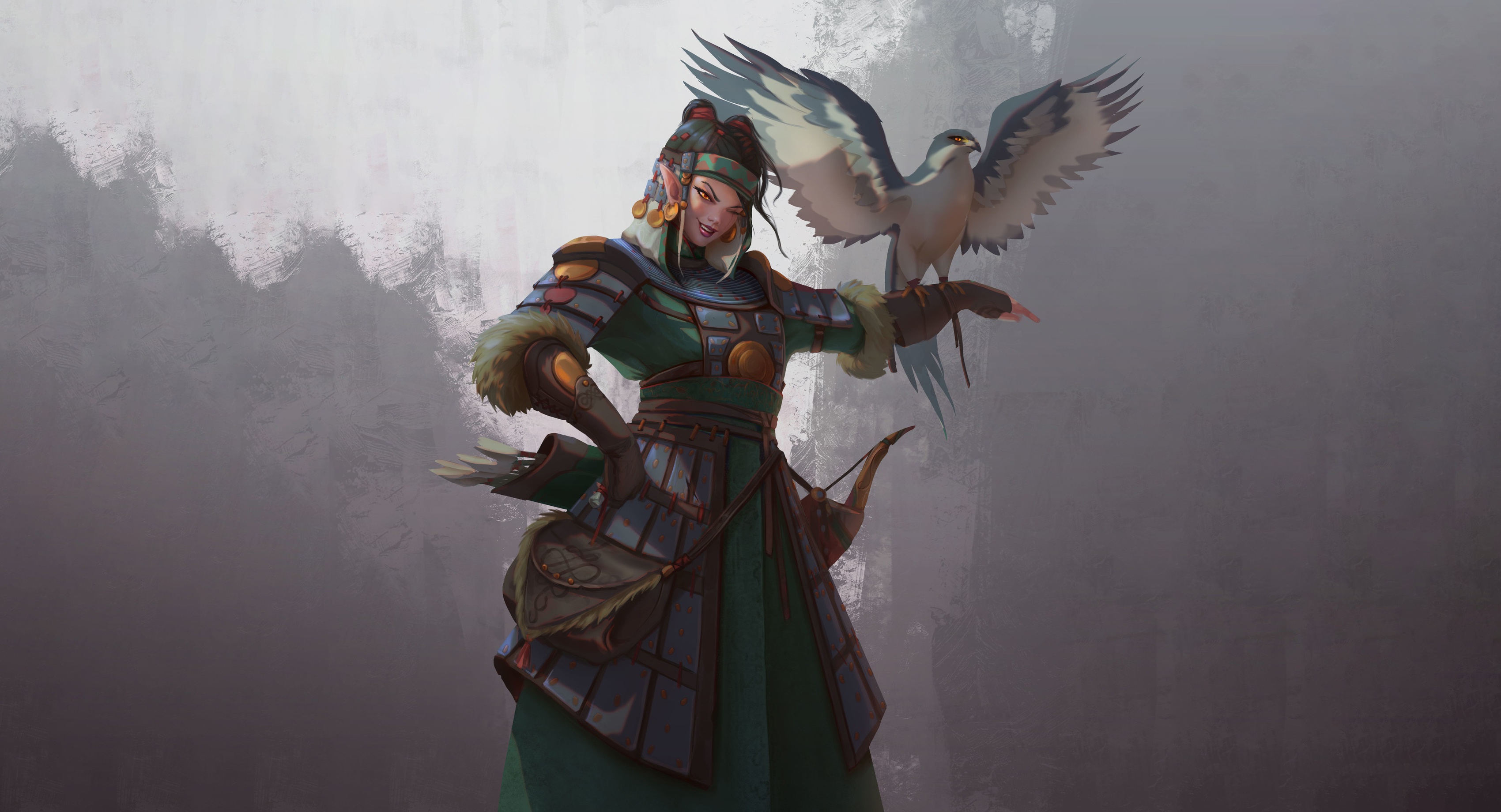 fantasy, women warrior, falcon, hunter, woman warrior