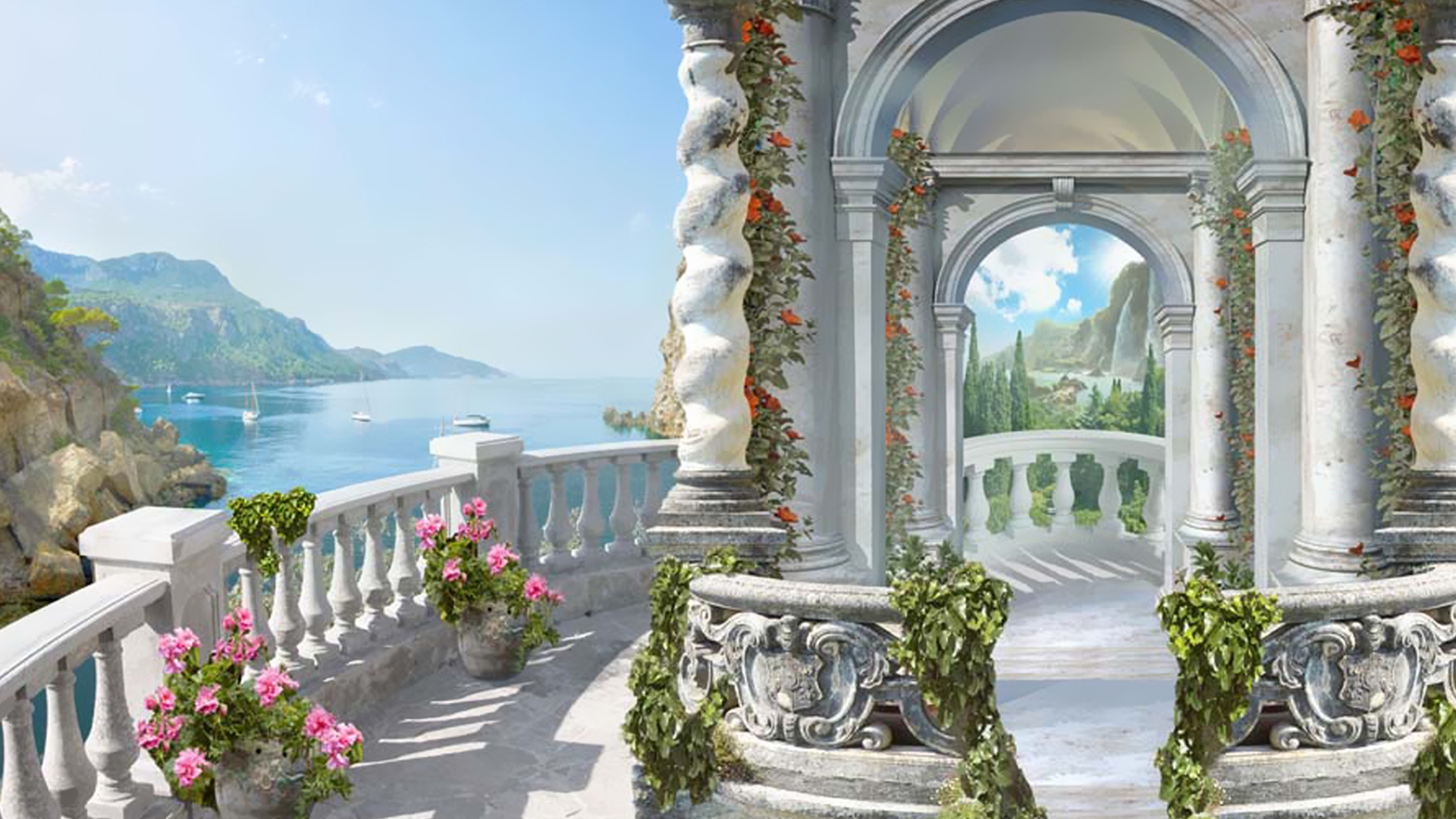 terrace, artistic, arch, columns, flower