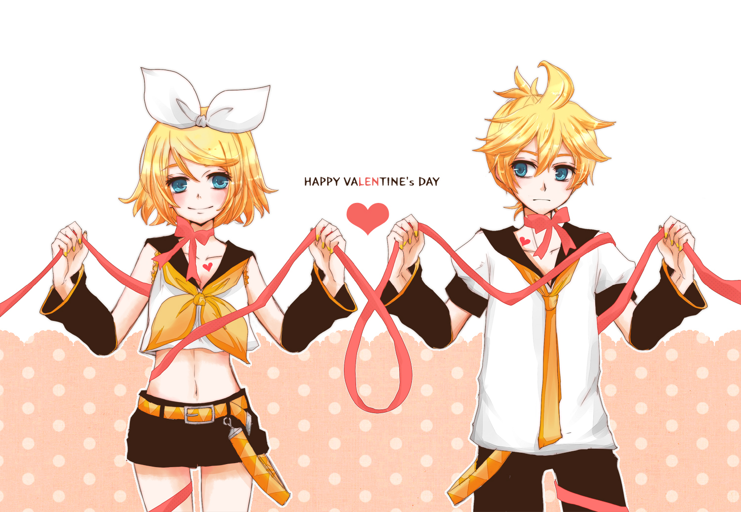 anime, vocaloid, blonde, blue eyes, heart, len kagamine, love, ribbon, rin kagamine, valentine's day 5K
