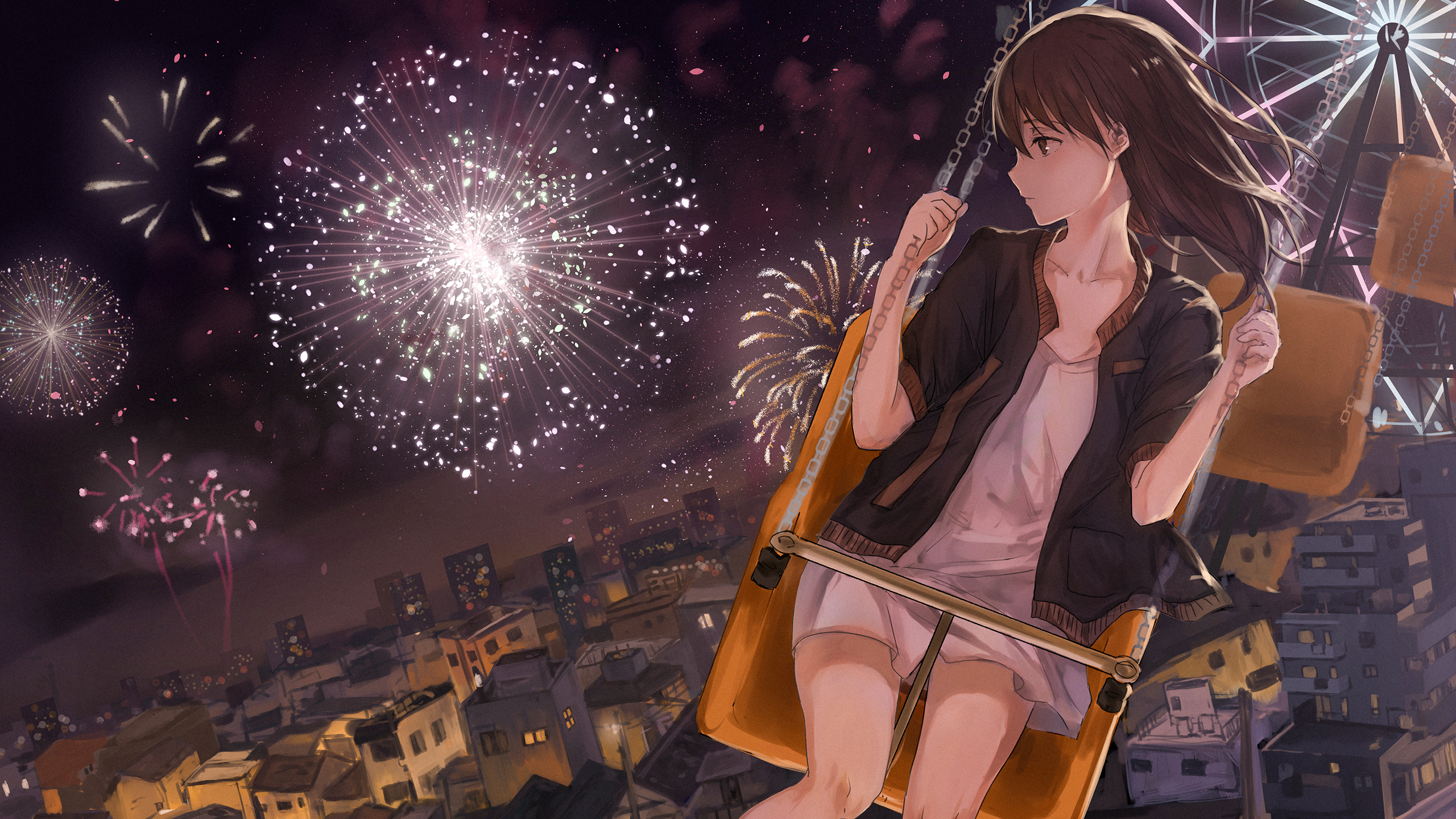 fireworks, anime, girl, brown eyes, brown hair, city, ferris wheel, long hair