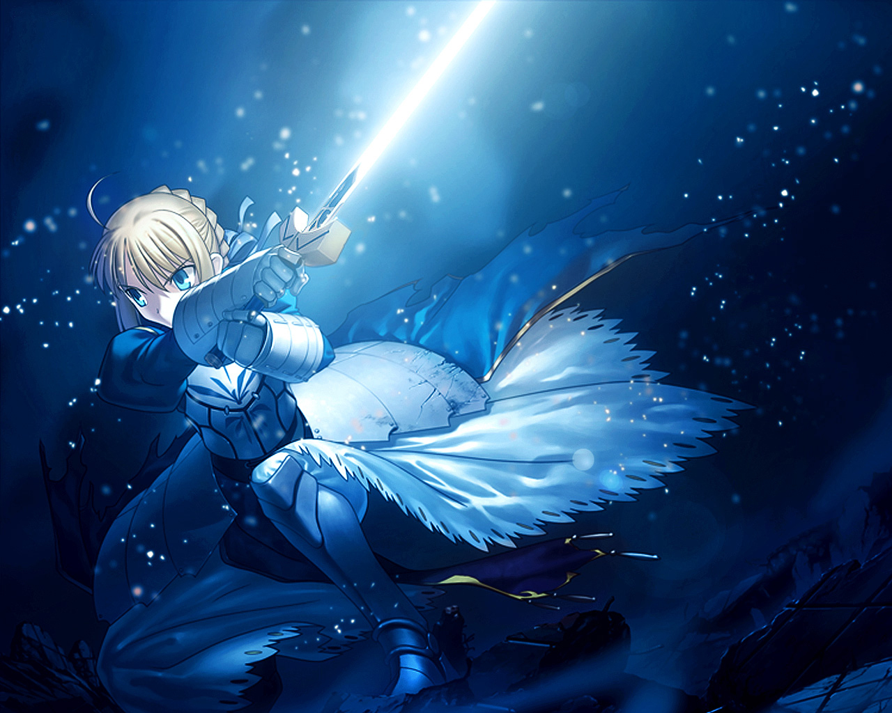 blonde, anime, fate/stay night, artoria pendragon, blue eyes, excalibur, fate (series), saber (fate series), sword