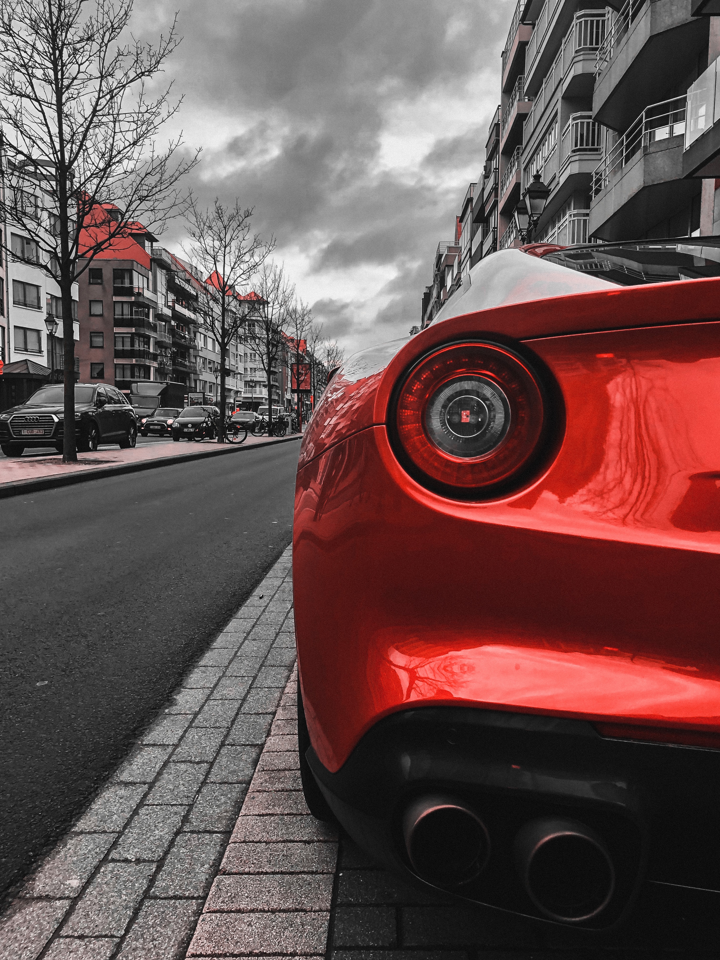 Mobile wallpaper back view, street, cars, sports car, sports, red, car, machine, rear view