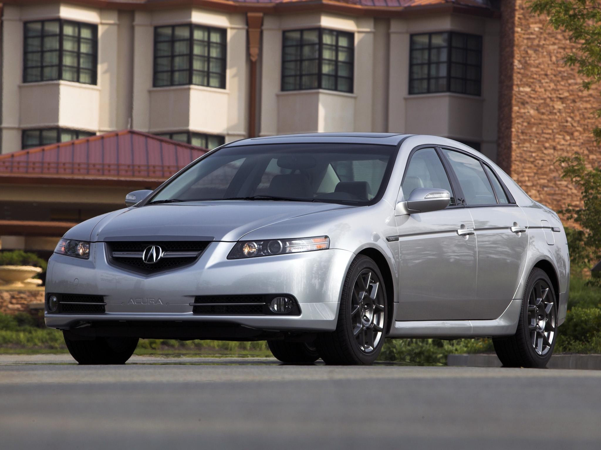 front view, auto, grass, acura, cars, building, style, tl, 2007, silver metallic 8K
