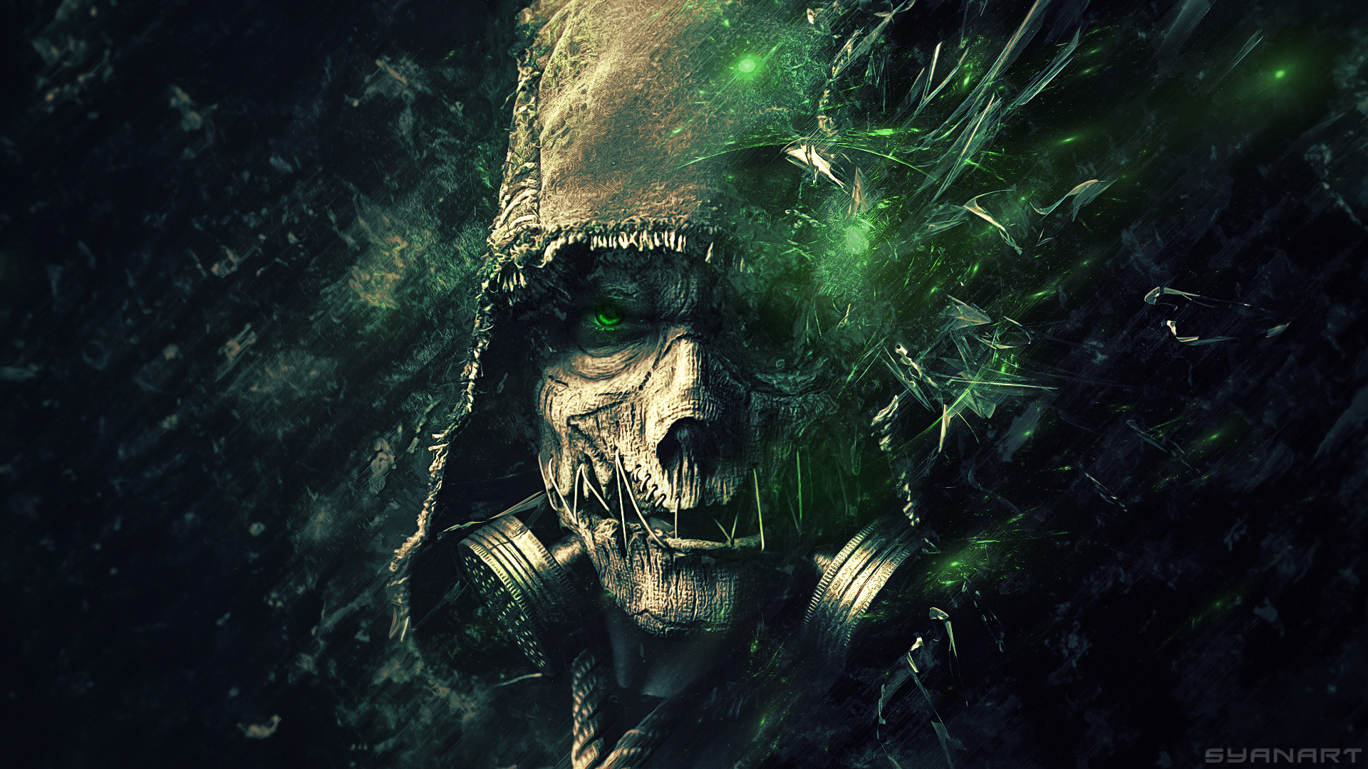 scarecrow (batman), glowing eyes, green eyes, mask, creepy, dark, batman: arkham knight, batman, hood, video game, gas mask QHD