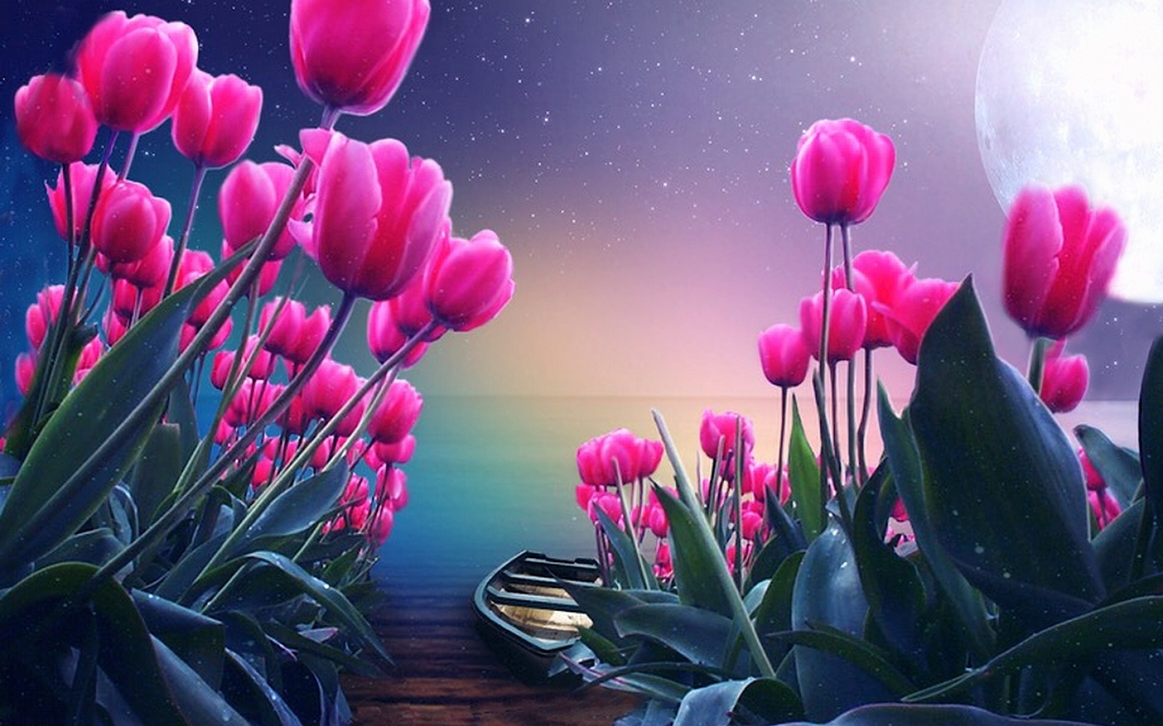 1501451 скачать картинку розовый цветок, цветок, земля/природа, тюльпан, лодка, луна, лунный свет - обои и заставки бесплатно