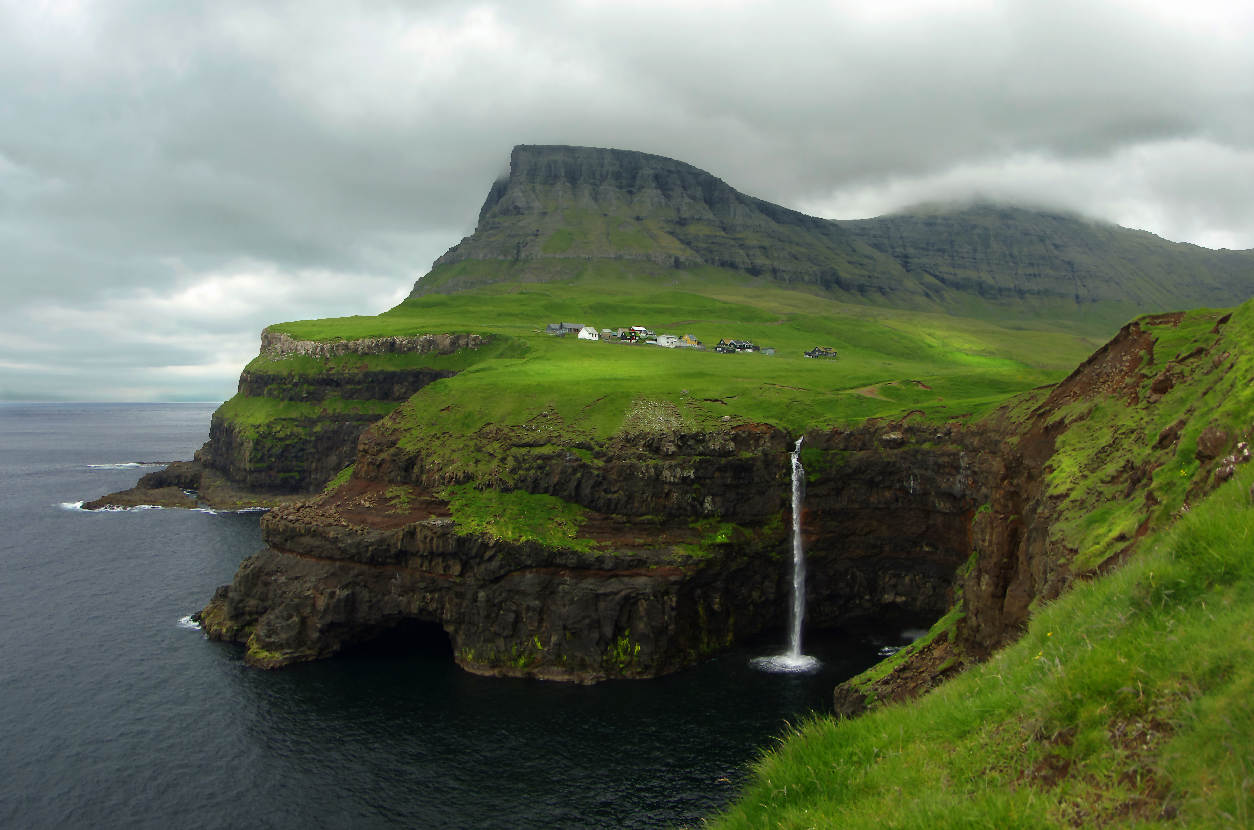 denmark, man made, gásadalur, cloud, coast, faroe islands, scandinavia, village, waterfall Phone Background