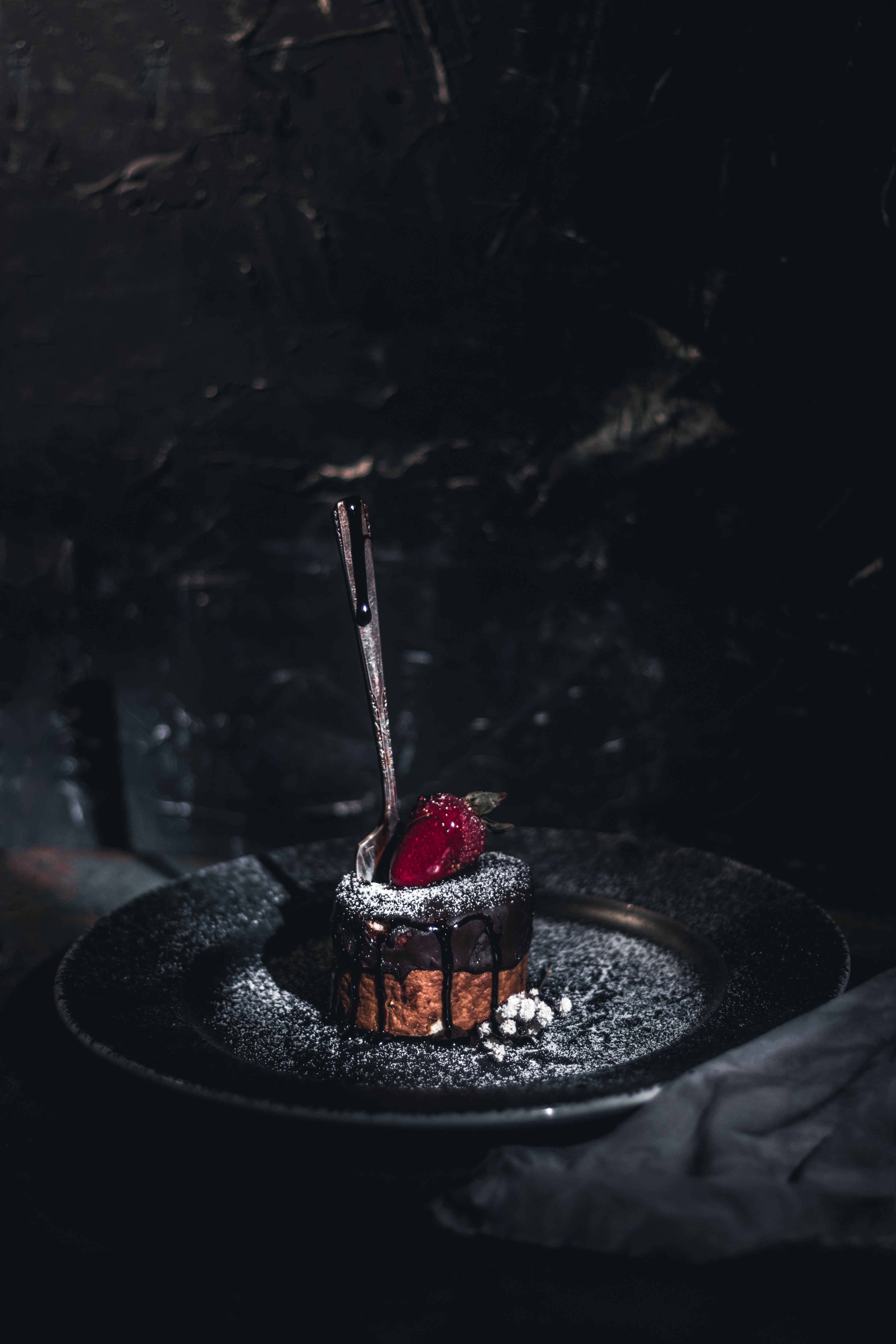 cake, strawberry, dark, desert, food, spoon images