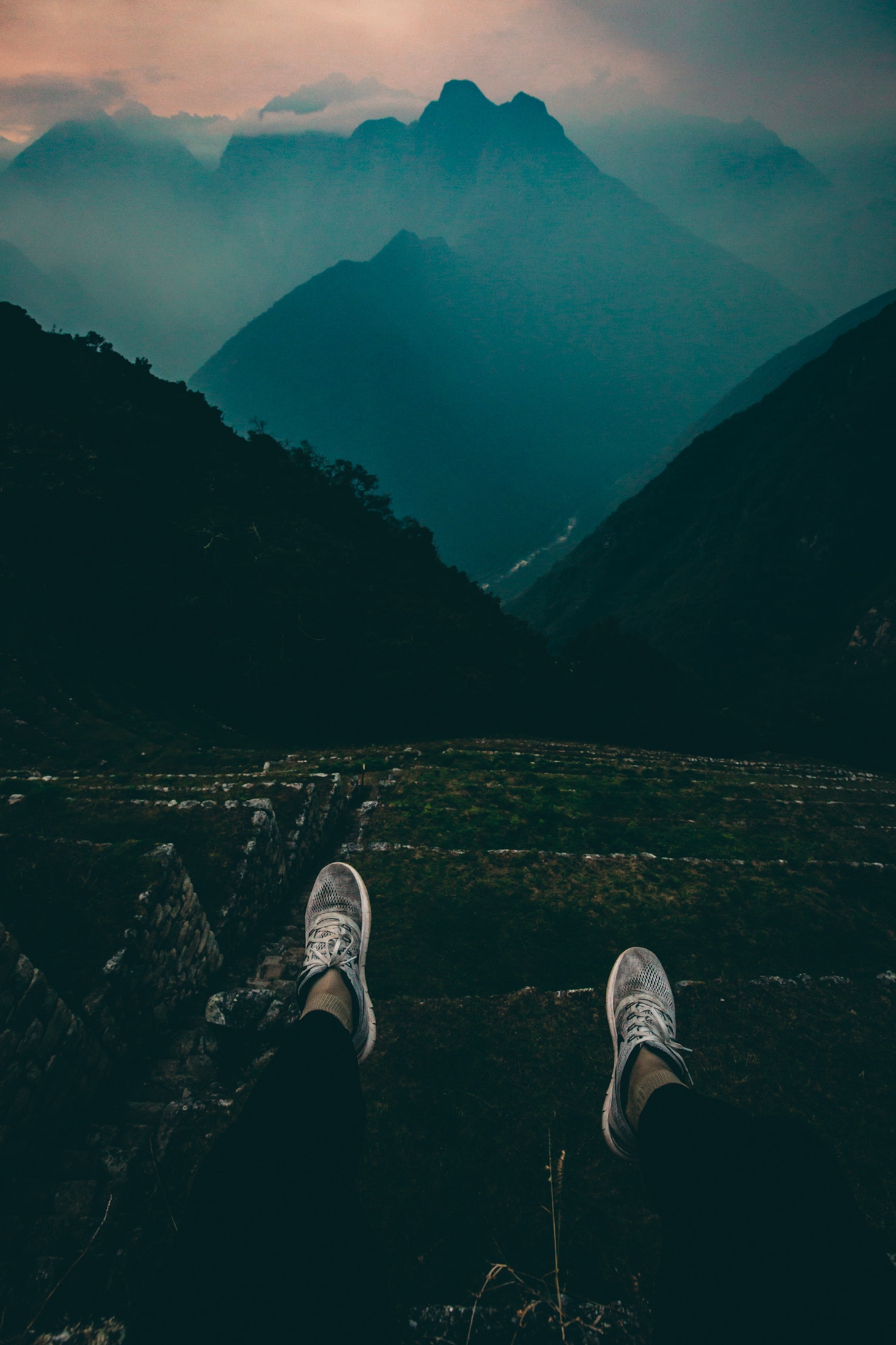 Download mobile wallpaper Elevation, Mountains, Legs, Night, Dark for free.