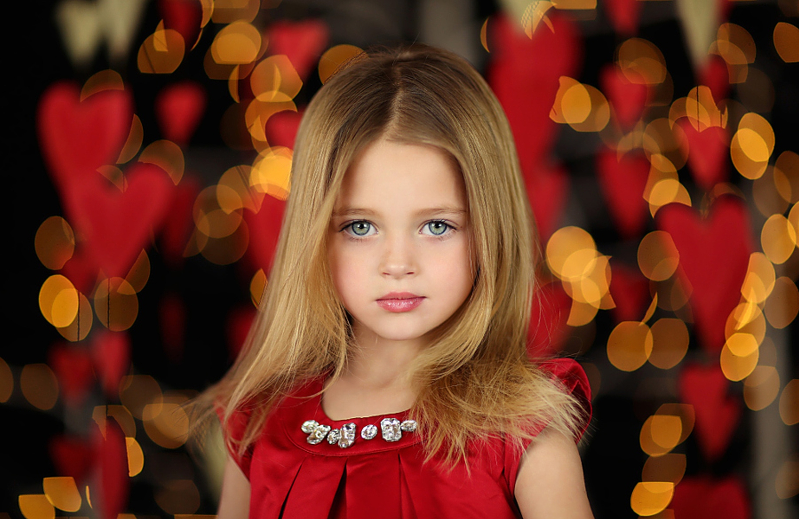 wallpapers little girl, photography, child, blonde, bokeh, cute, green eyes, red dress