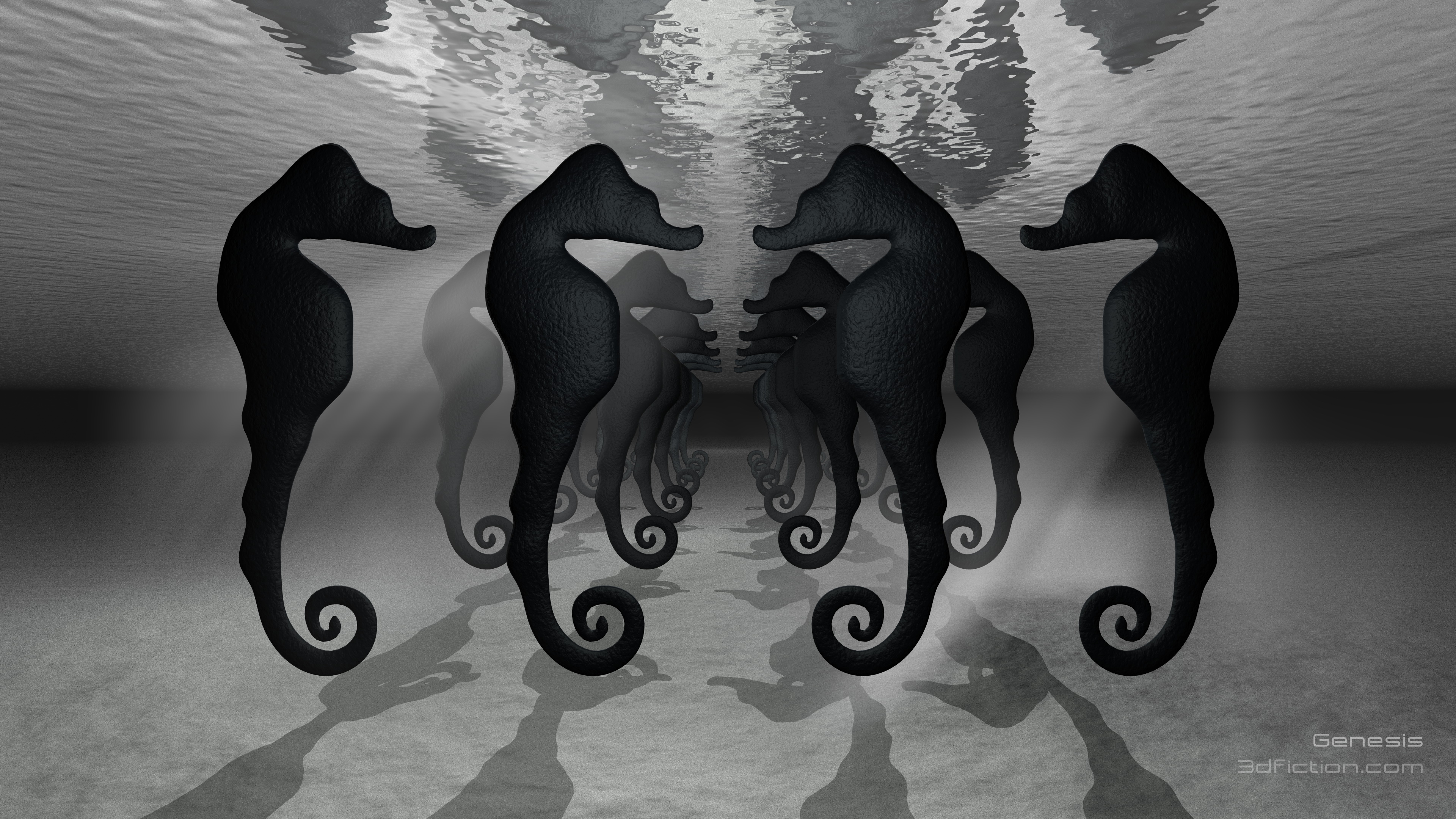 artistic, 3d art, 3d, black & white, seahorse, surreal, underwater 4K