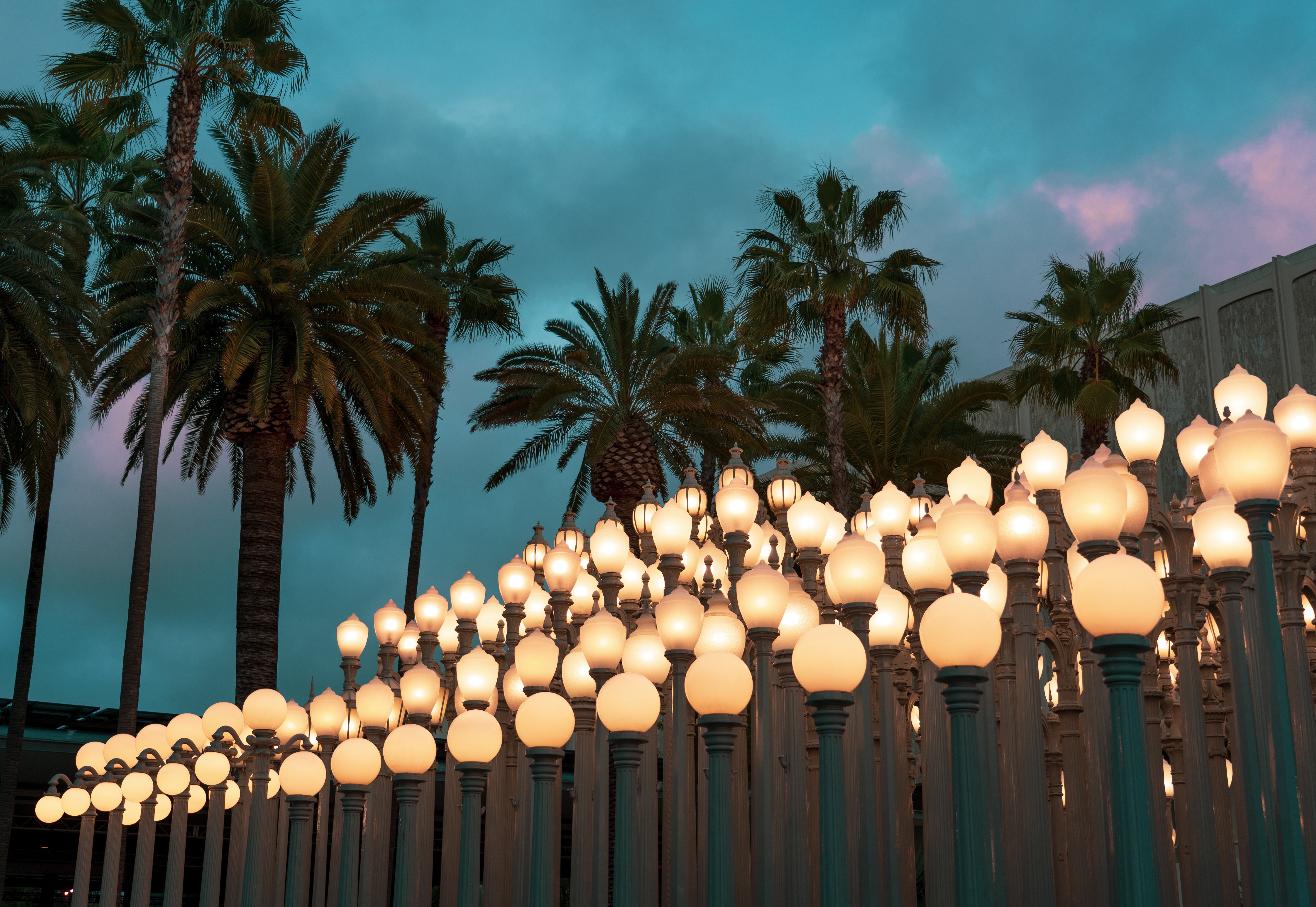 lanterns, sky, twilight, clouds, palms, lights, miscellanea, miscellaneous, dusk download HD wallpaper