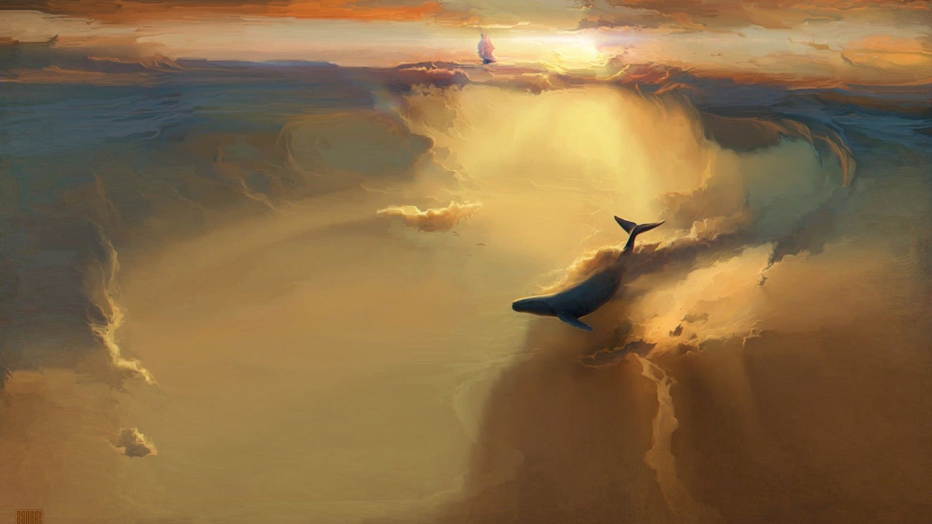 Free download wallpaper Swim, Whale, Smoke, To Swim, Sea, Art on your PC desktop