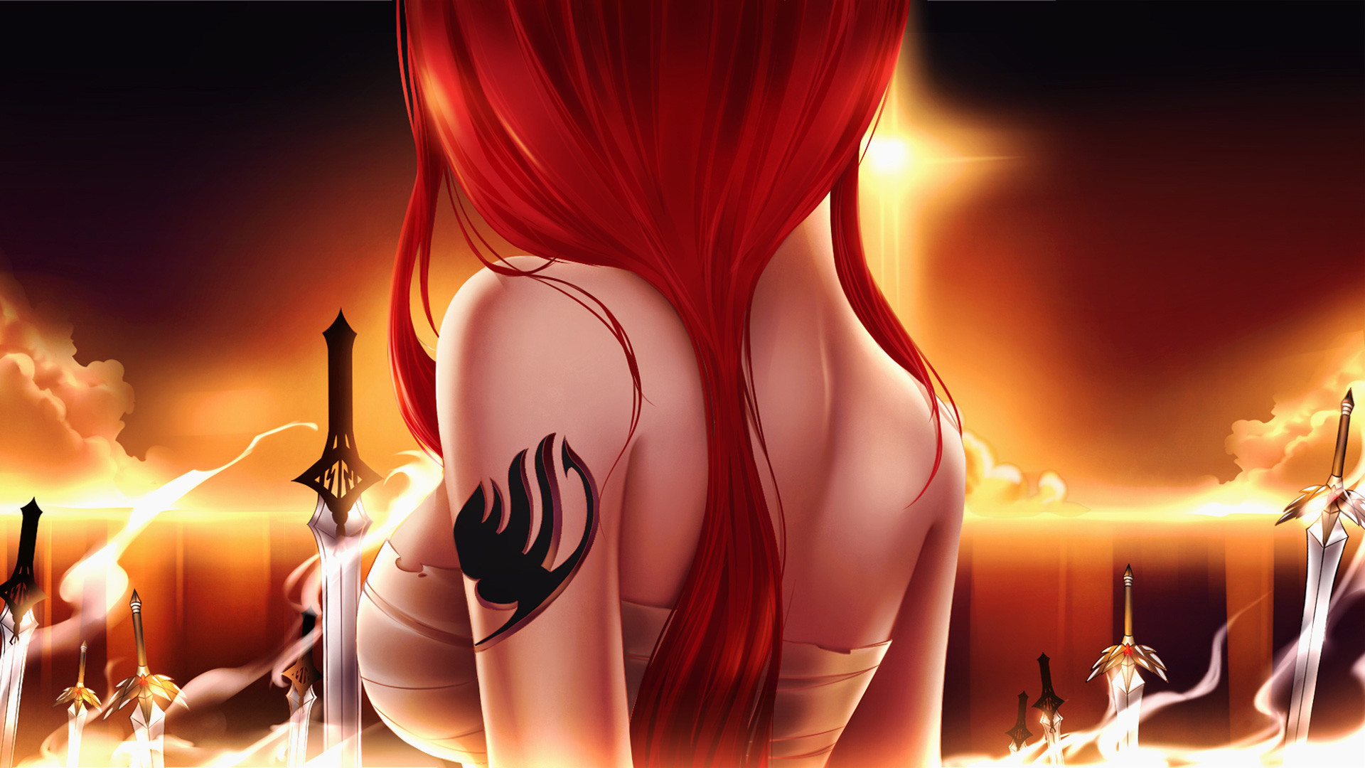 anime, fairy tail, erza scarlet, woman warrior, long hair, tattoo, red hair