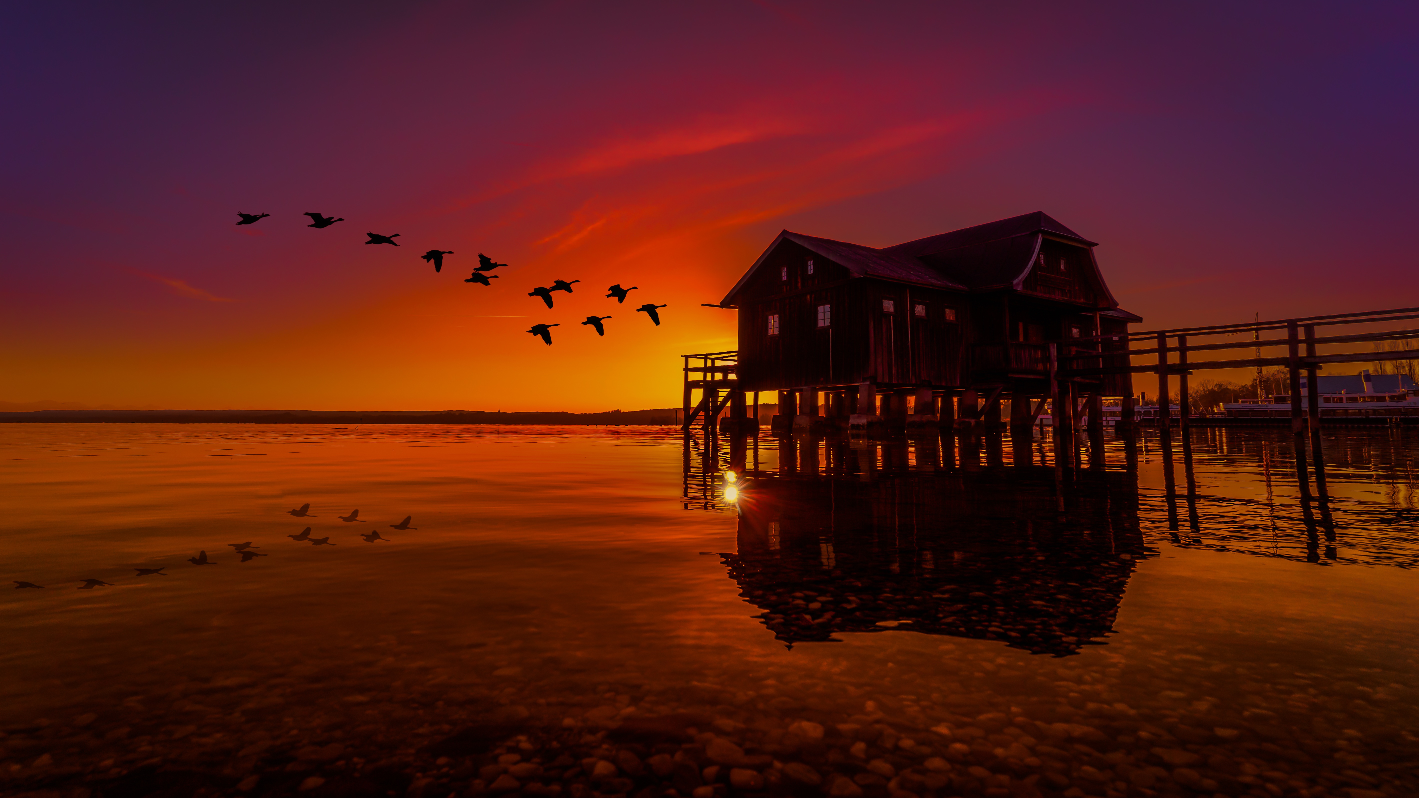 sunset, photography, boat house, flock of birds, lake, reflection lock screen backgrounds