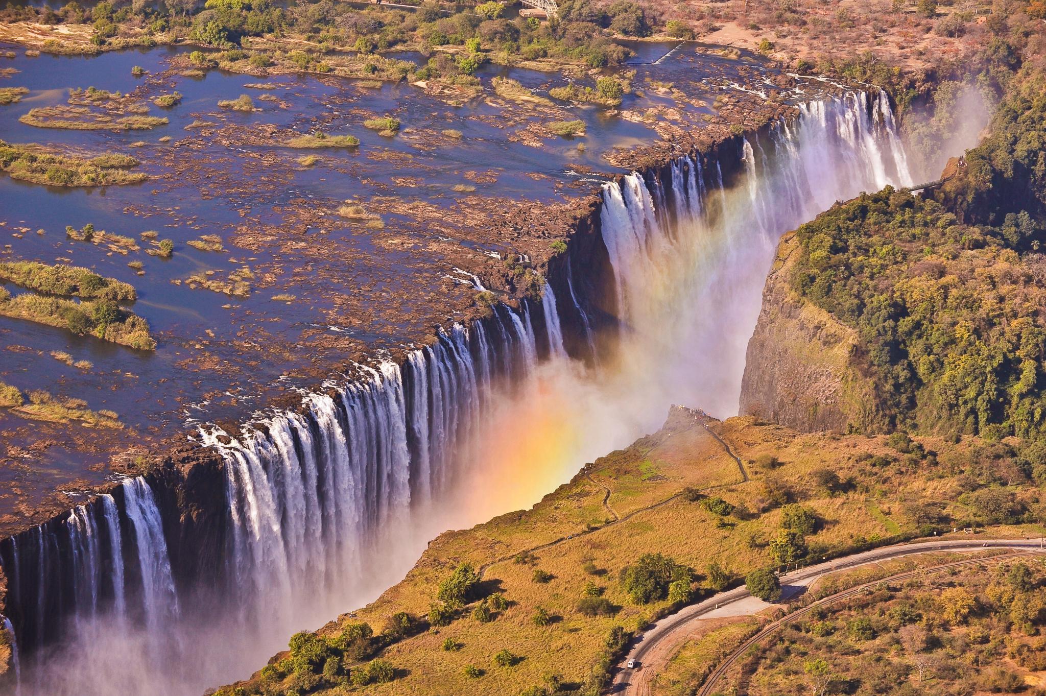earth, waterfall, africa, rainbow, road, victoria (australia), zambia, waterfalls