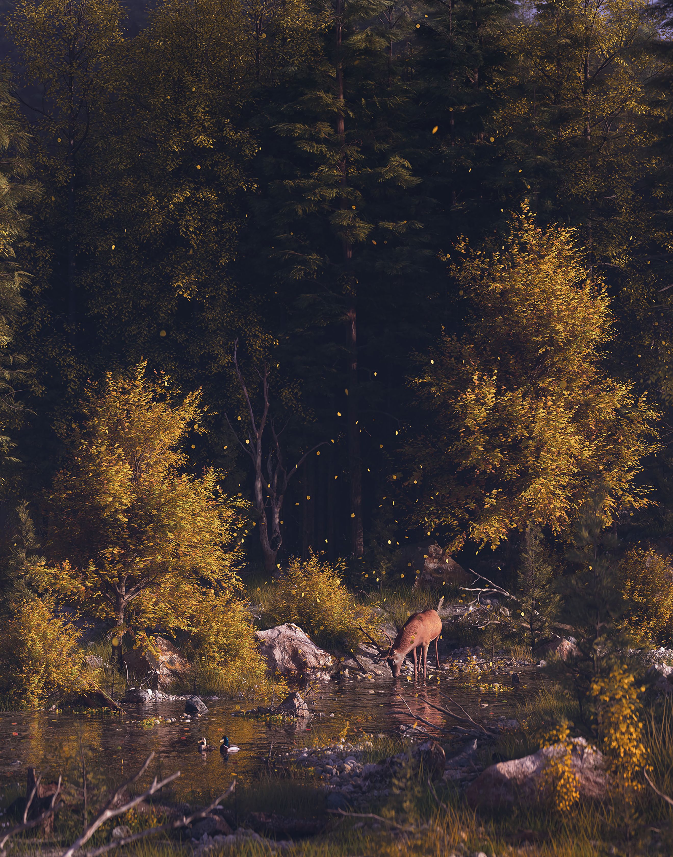 Download mobile wallpaper Art, Nature, Forest, Rivers, Wildlife, Landscape, Deer for free.