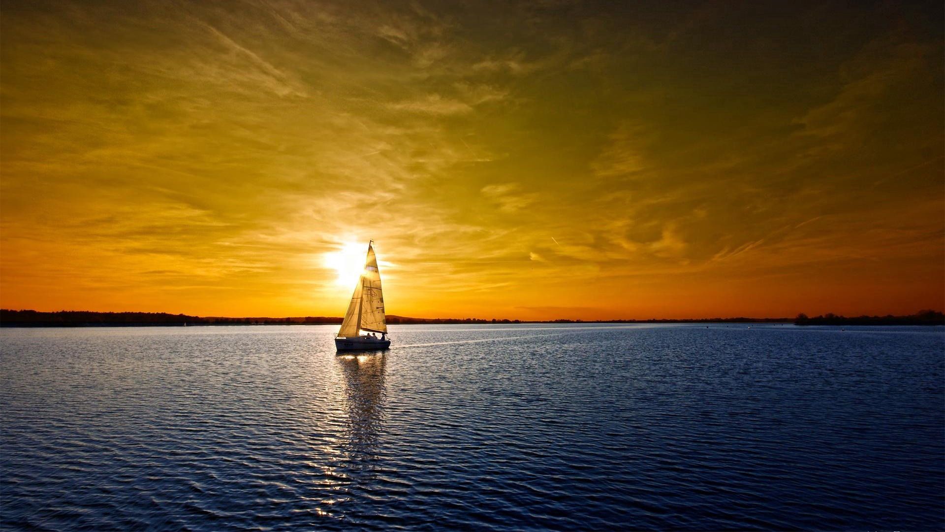 nature, water, sunset, sky, sea, boat, sail Full HD