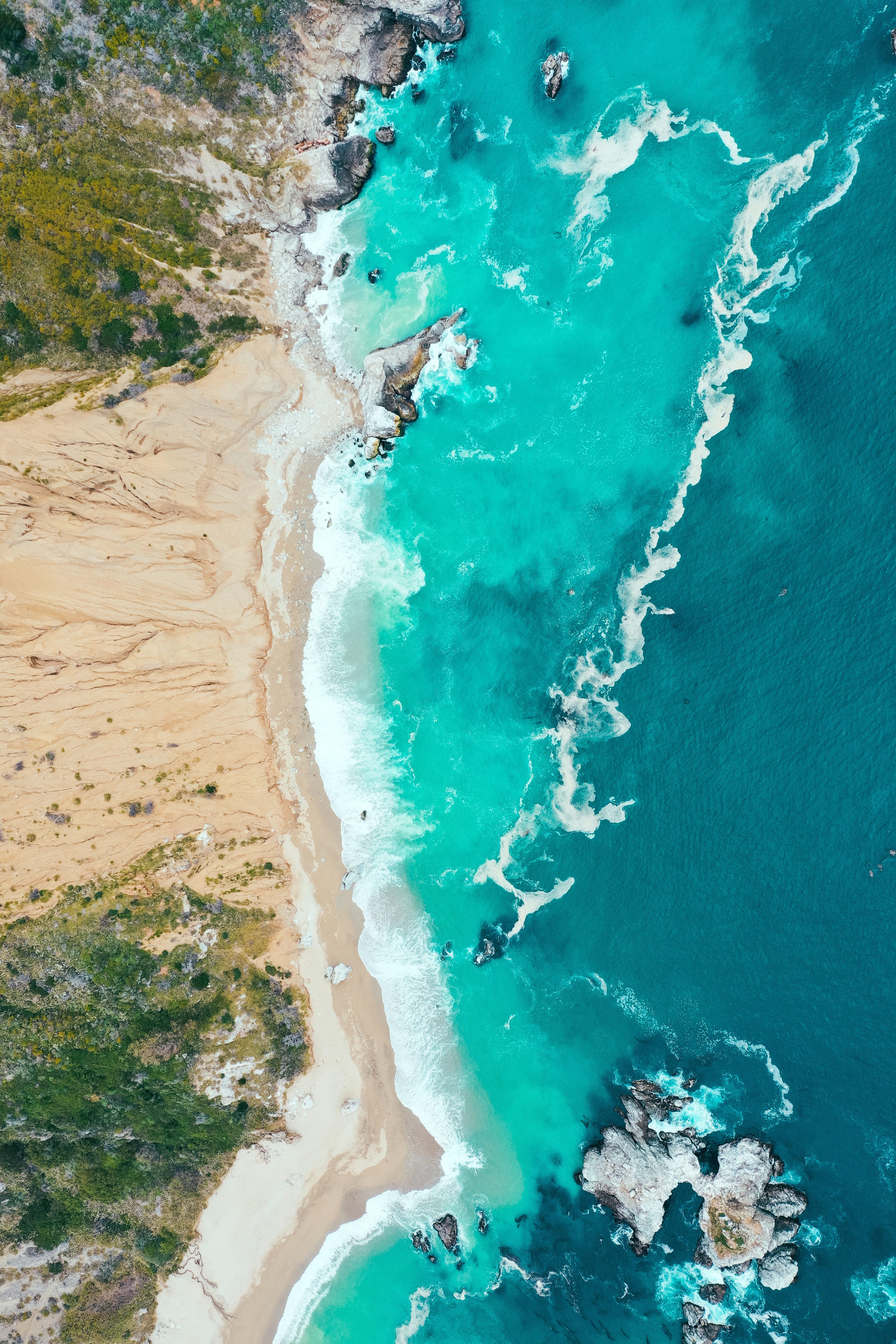 waves, sea, view from above, nature, beach, sand, shore, bank cell phone wallpapers