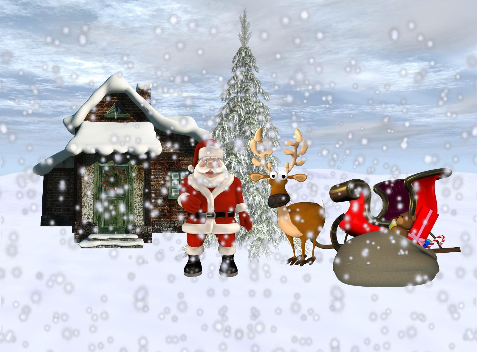 70495 Hintergrundbild herunterladen weihnachtsbaum, feiertage, weihnachtsmann, schnee, haus, hirsch, schlitten, die geschenke, geschenke - Bildschirmschoner und Bilder kostenlos