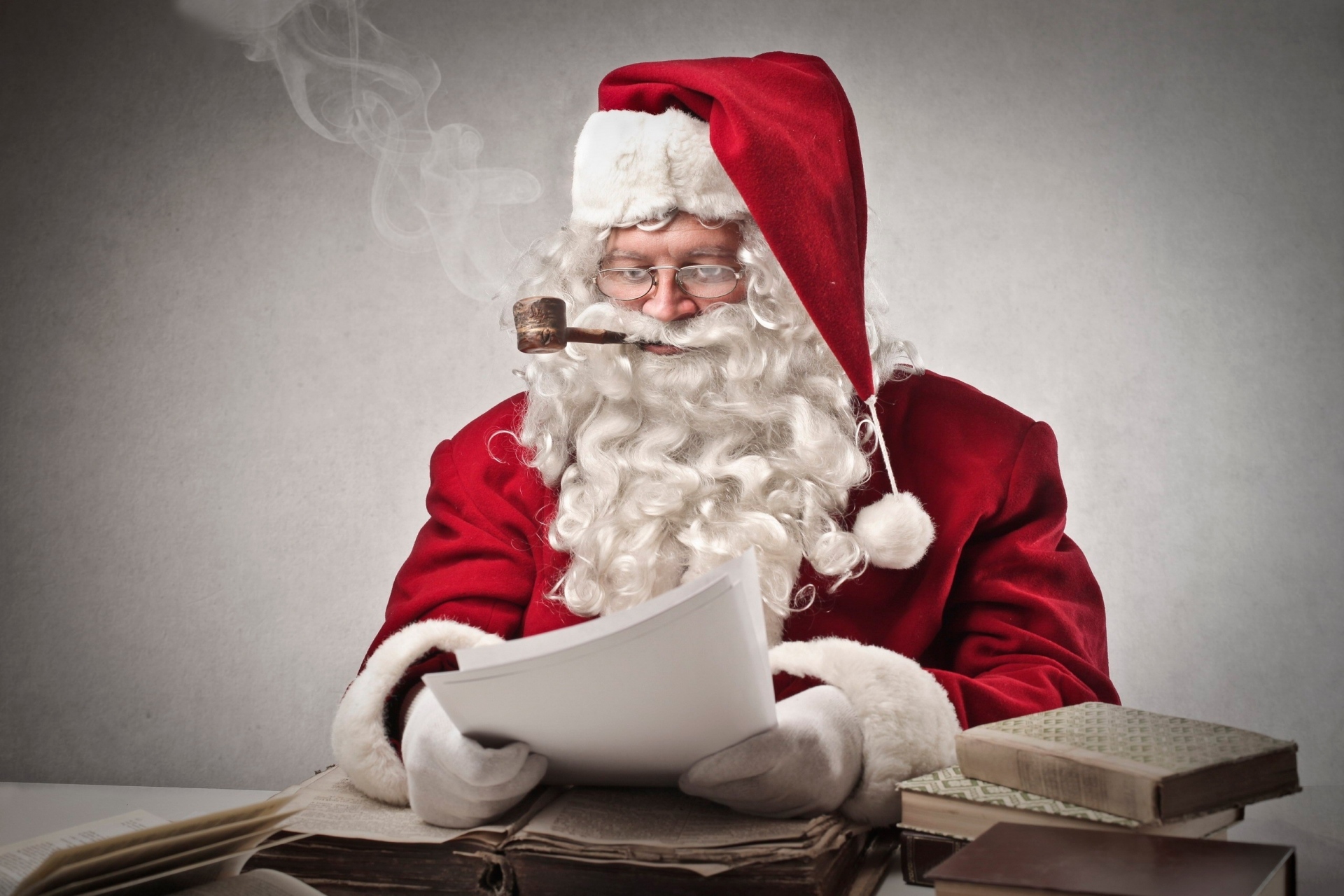 santa claus, holiday, christmas, book, glasses, reading, santa hat, smoke, smoking